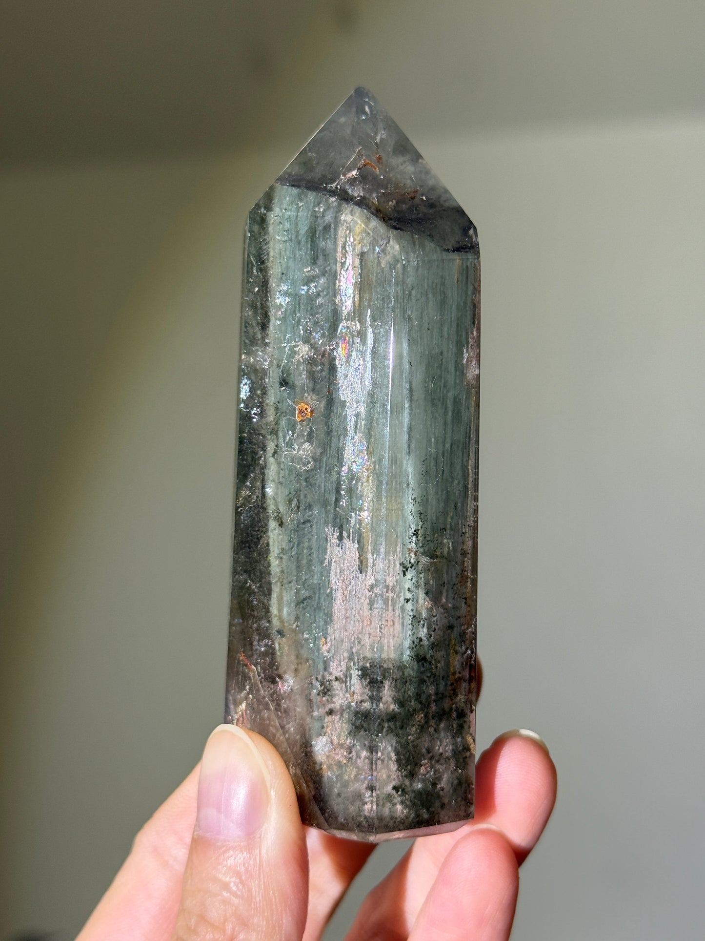 Large Green Garden Quartz Tower With Epidote & Shimmery Hematite, Zambia