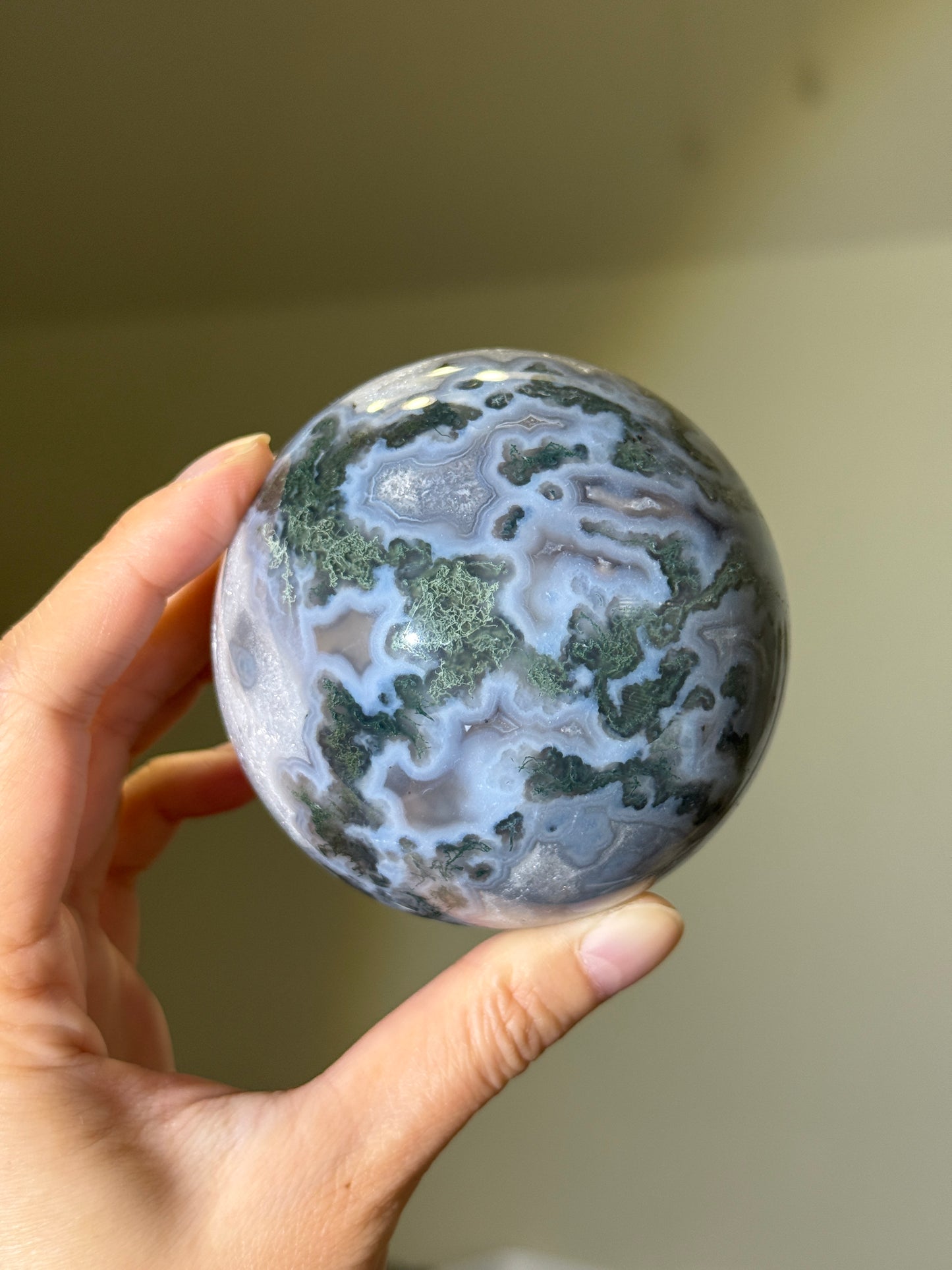 Large Moss Agate Sphere With Blue Chalcedony