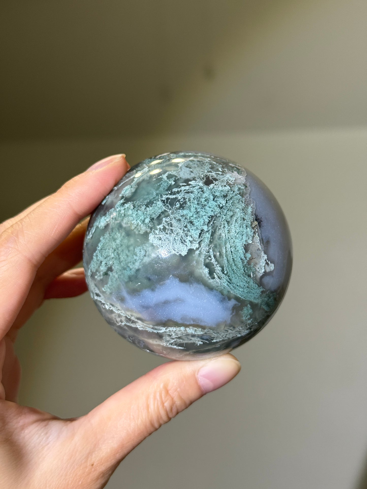 Large Moss Agate Sphere With Blue Chalcedony