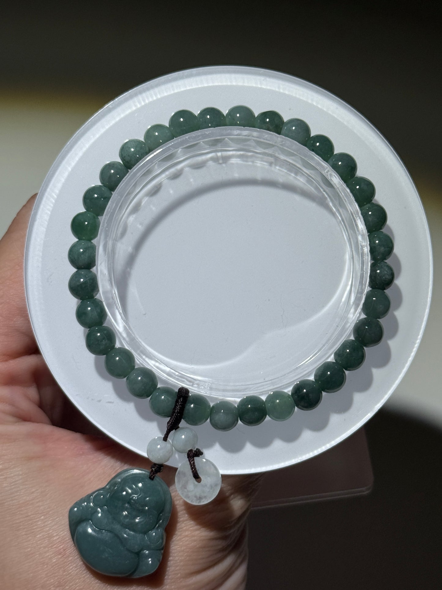 Guatemalan Jade Bracelets With Buddha Carvings, 6.5mm