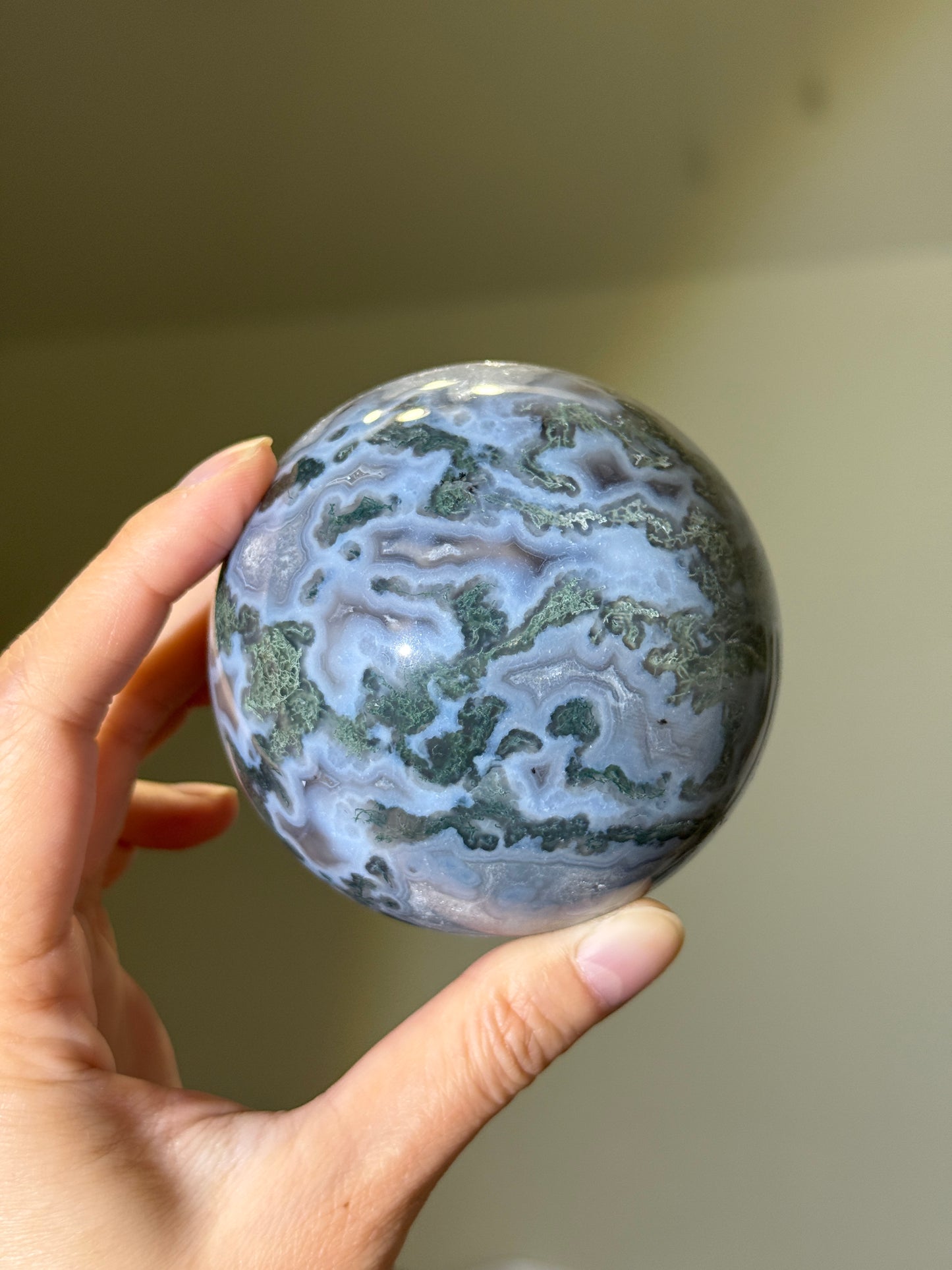 Large Moss Agate Sphere With Blue Chalcedony