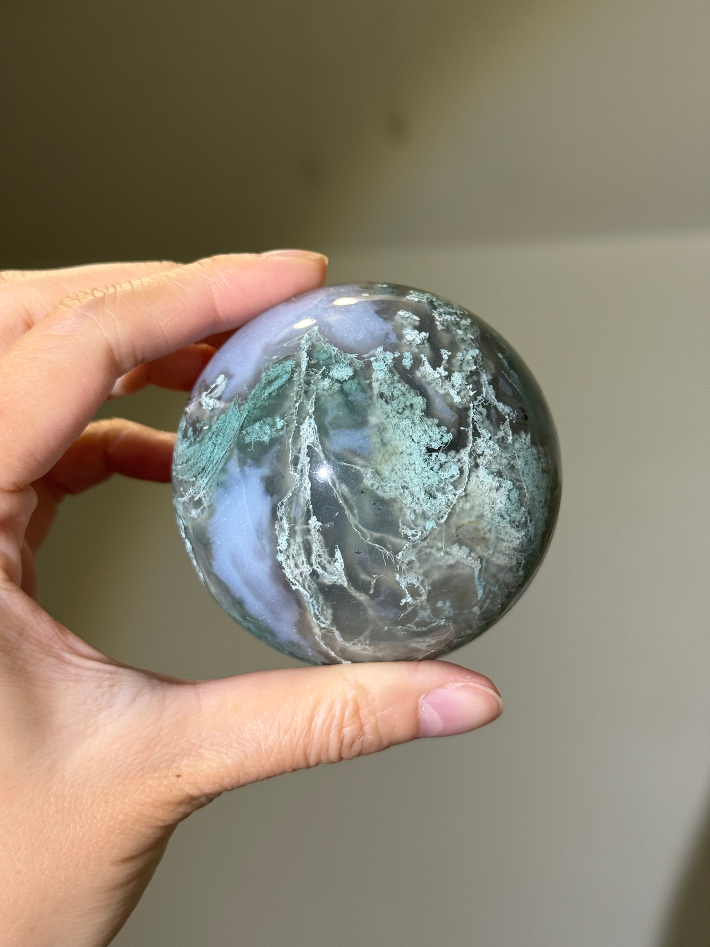 Large Moss Agate Sphere With Blue Chalcedony