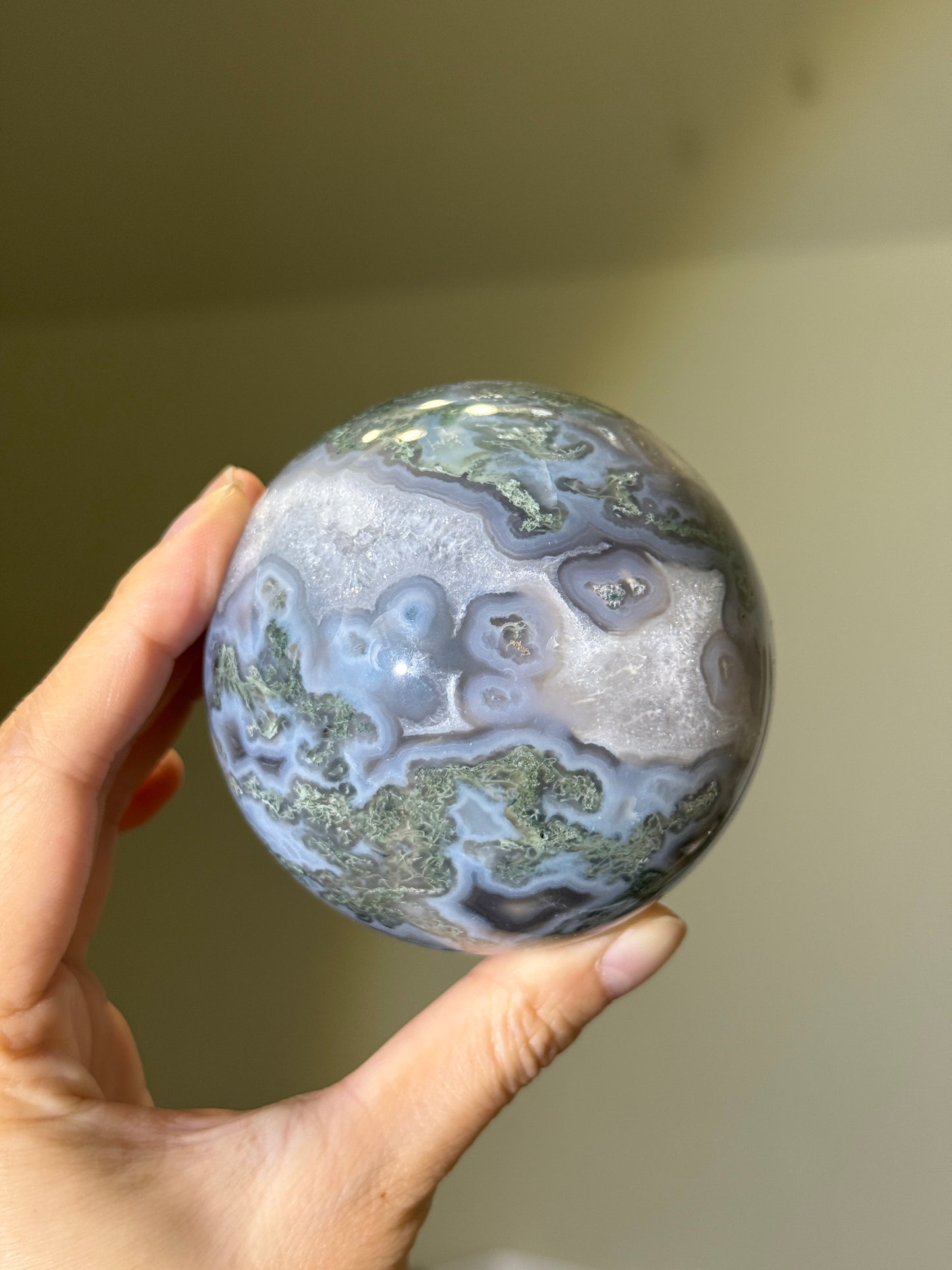 Large Moss Agate Sphere With Blue Chalcedony
