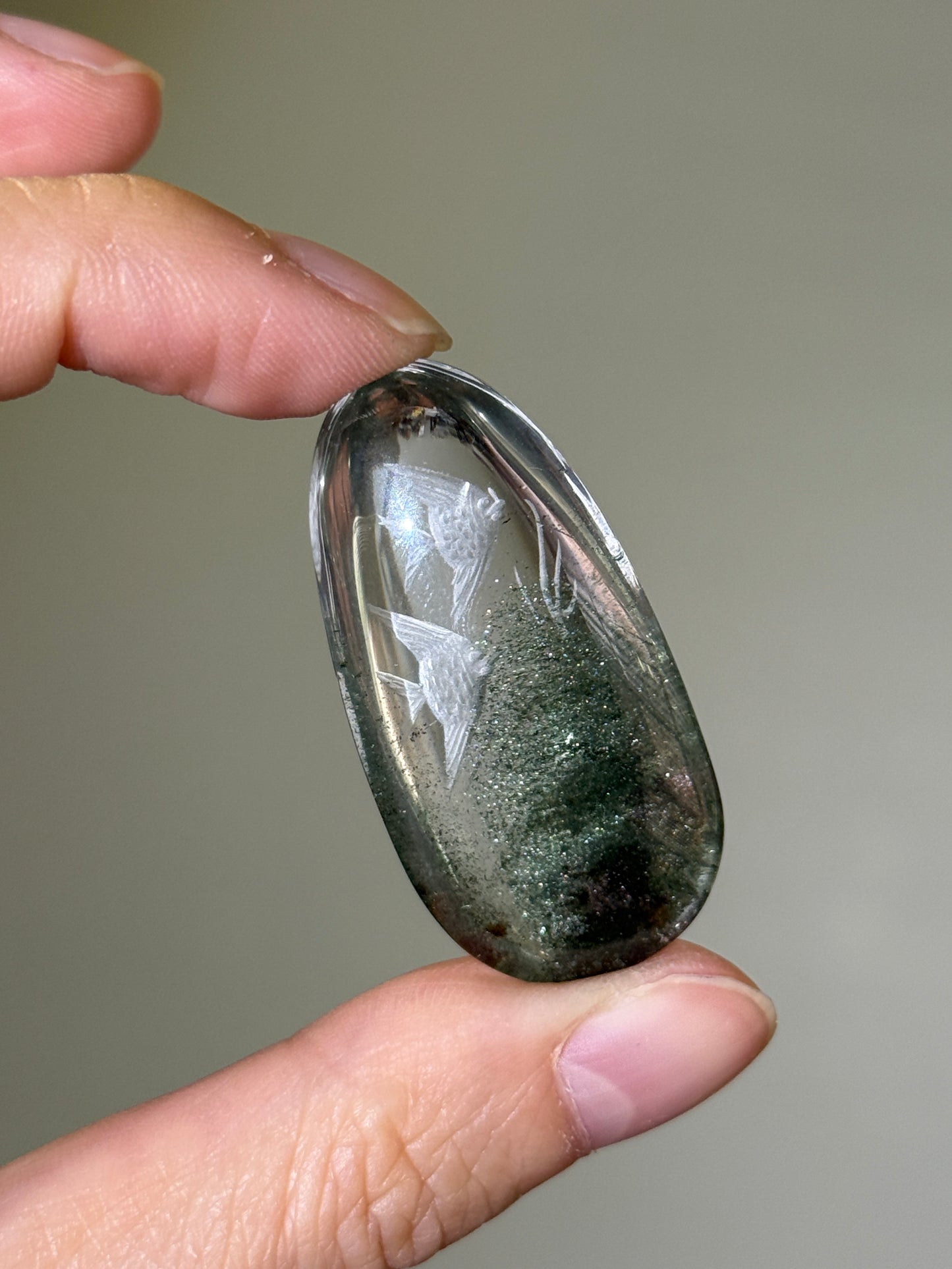 High Quality Water Clear Etched Chlorite Quartz Teardrop, Double Fish