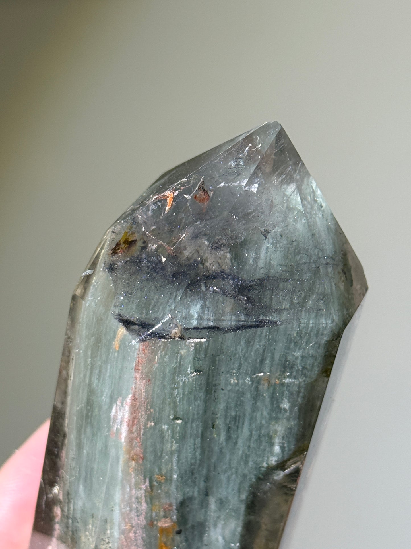 Large Green Garden Quartz Tower With Epidote & Shimmery Hematite, Zambia