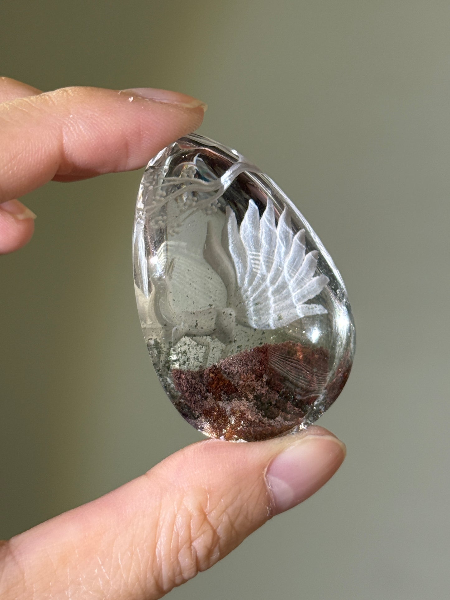 High Quality Water Clear Etched Garden Quartz Teardrop, 9-Tail Fox