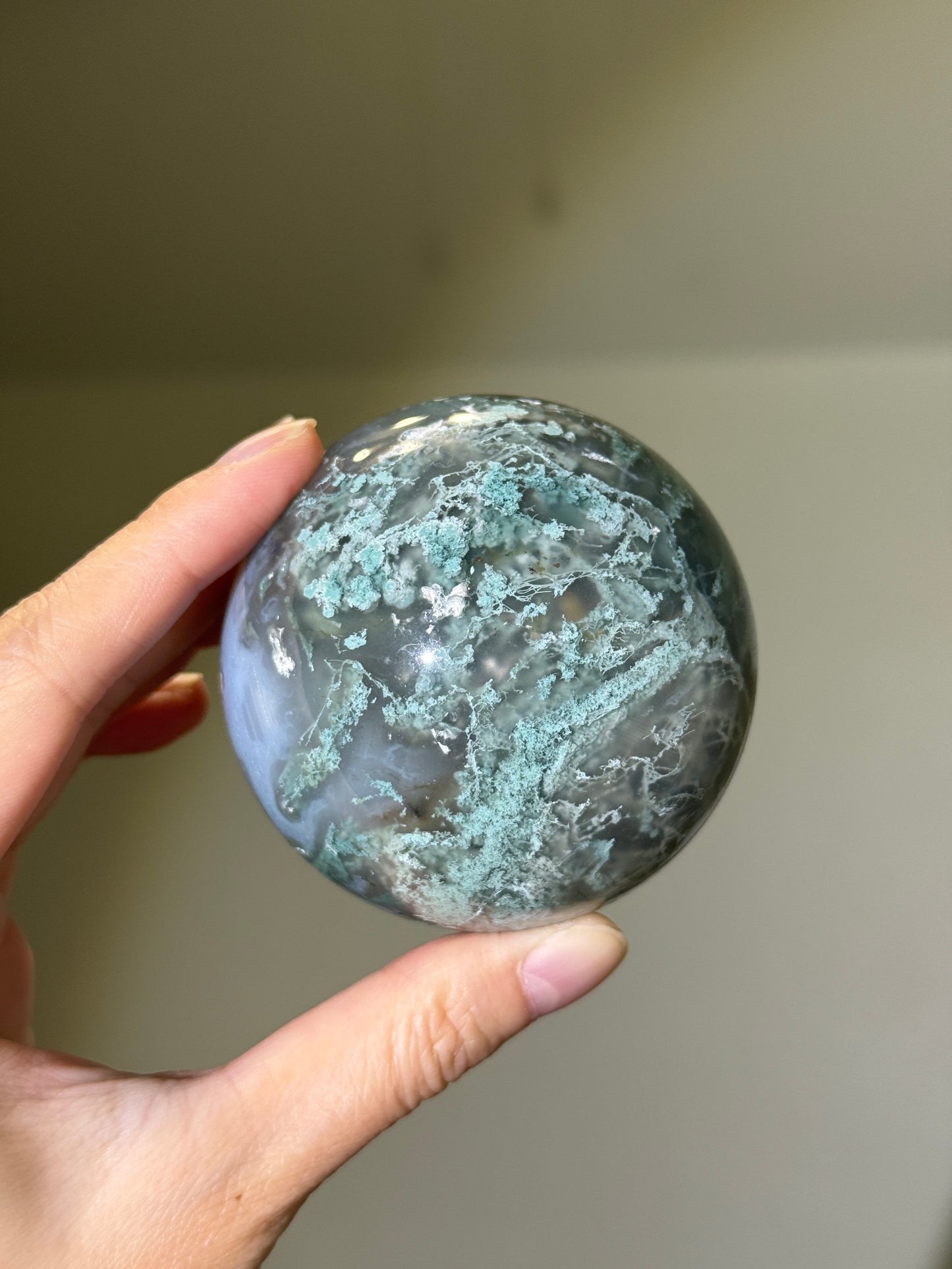 Large Moss Agate Sphere With Blue Chalcedony