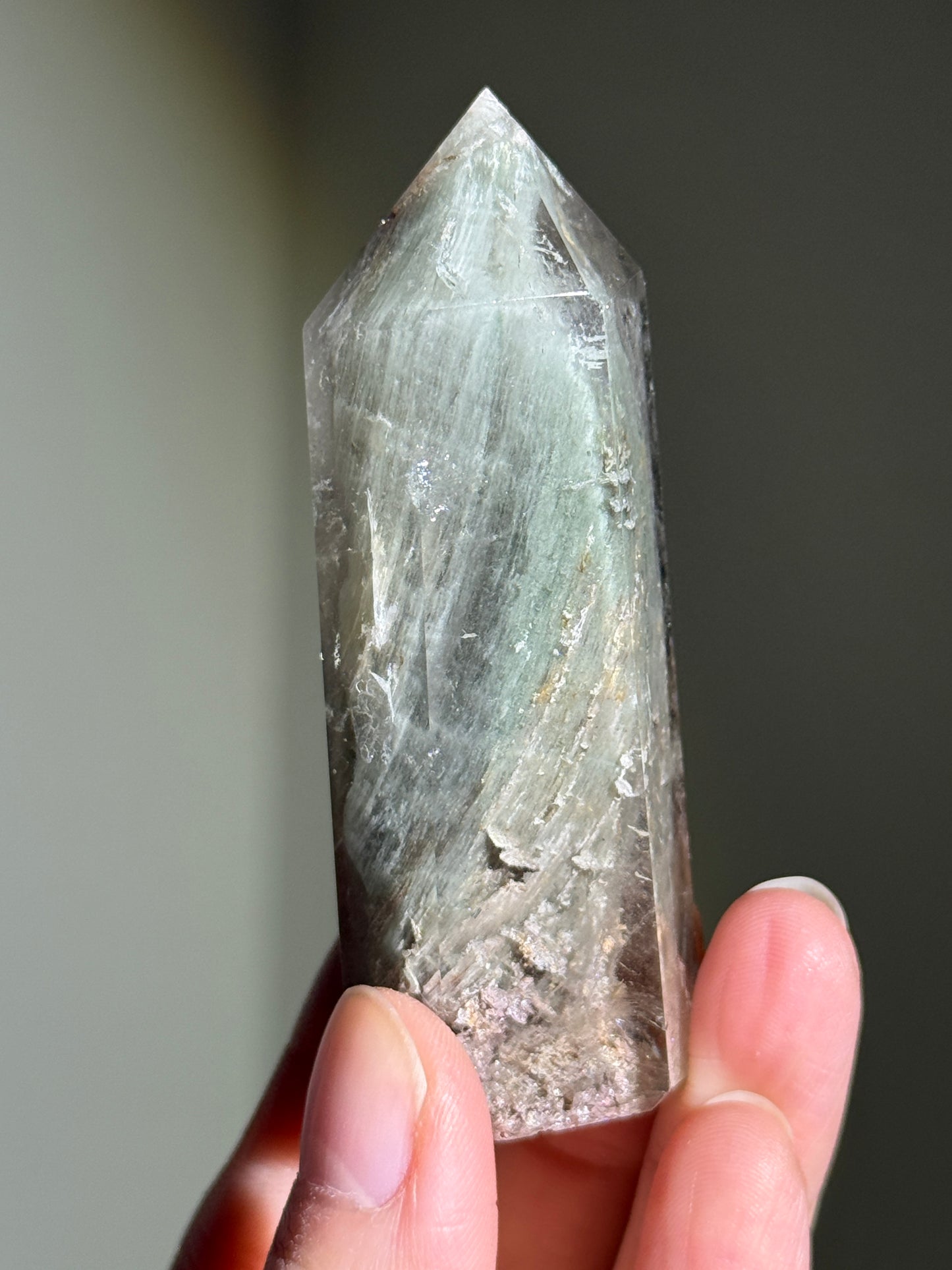 Unique Mint Green & Pink Garden Quartz Tower With Penetrator, Zambia