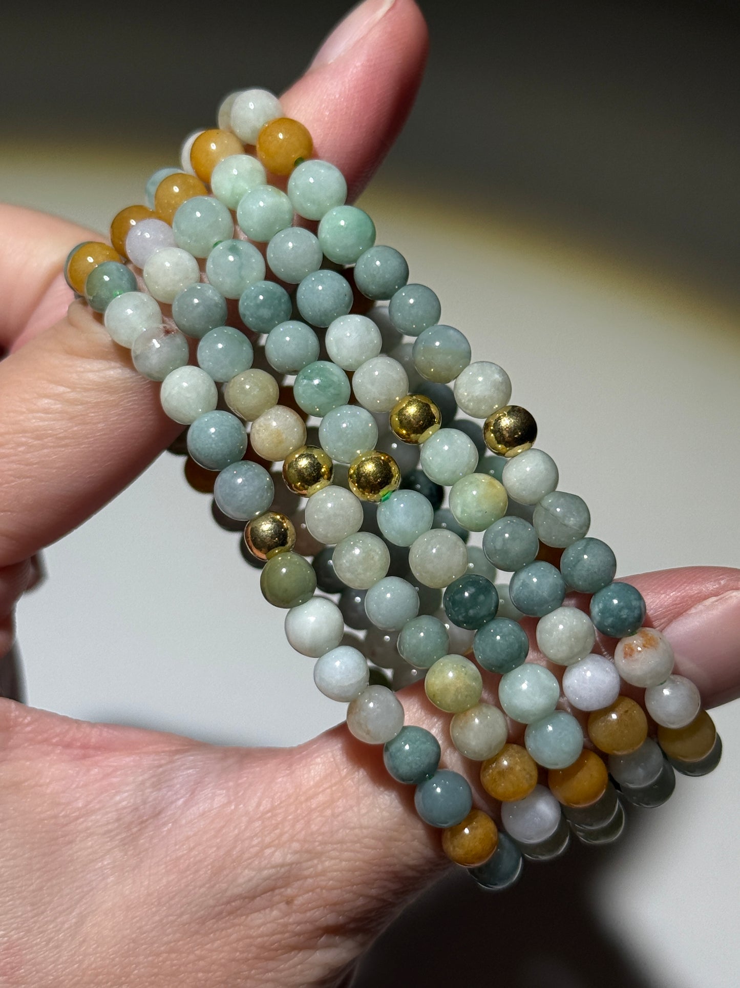 Colorful Jade Bracelets With Golden Accent Beads, 5mm