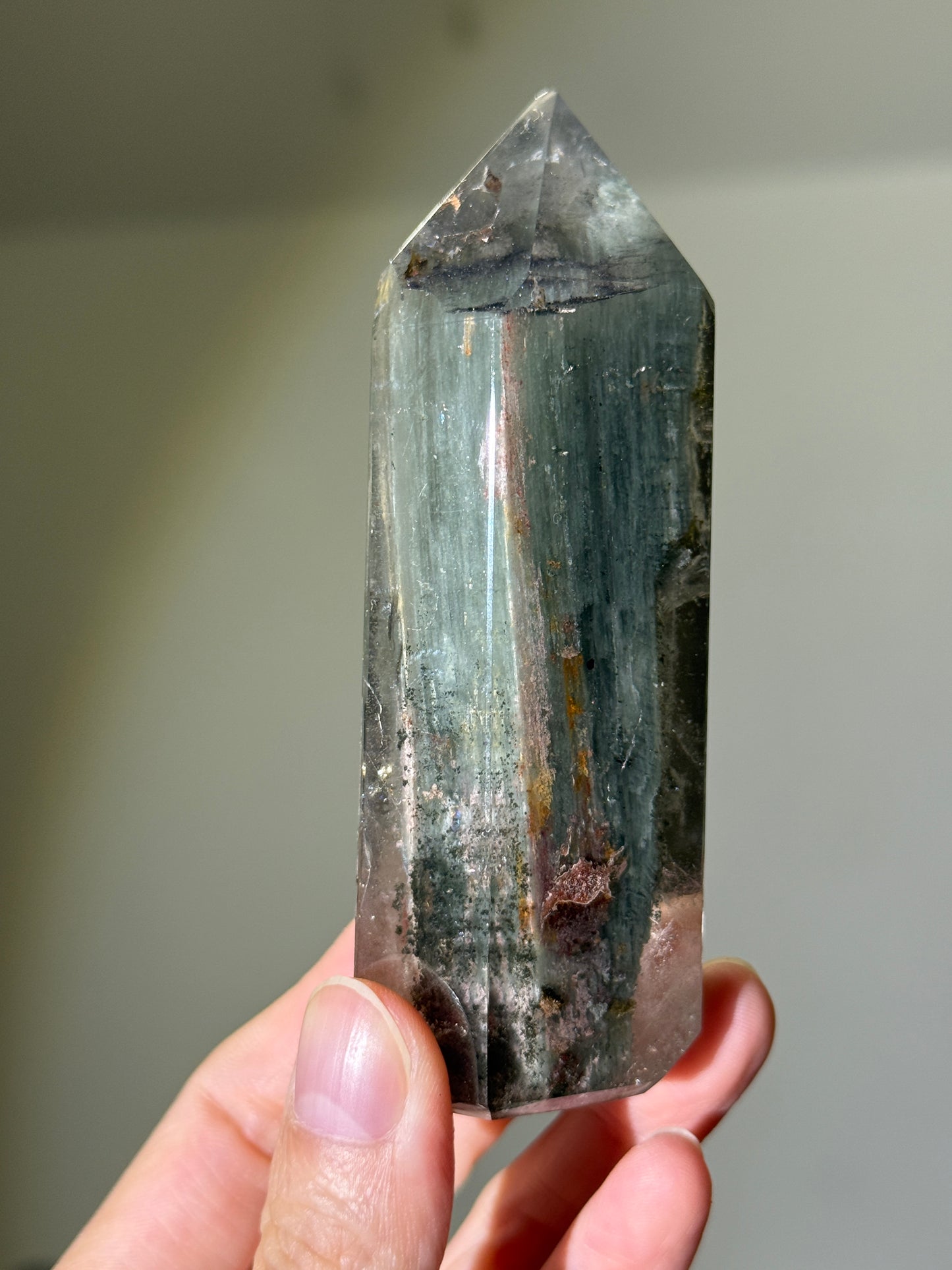 Large Green Garden Quartz Tower With Epidote & Shimmery Hematite, Zambia