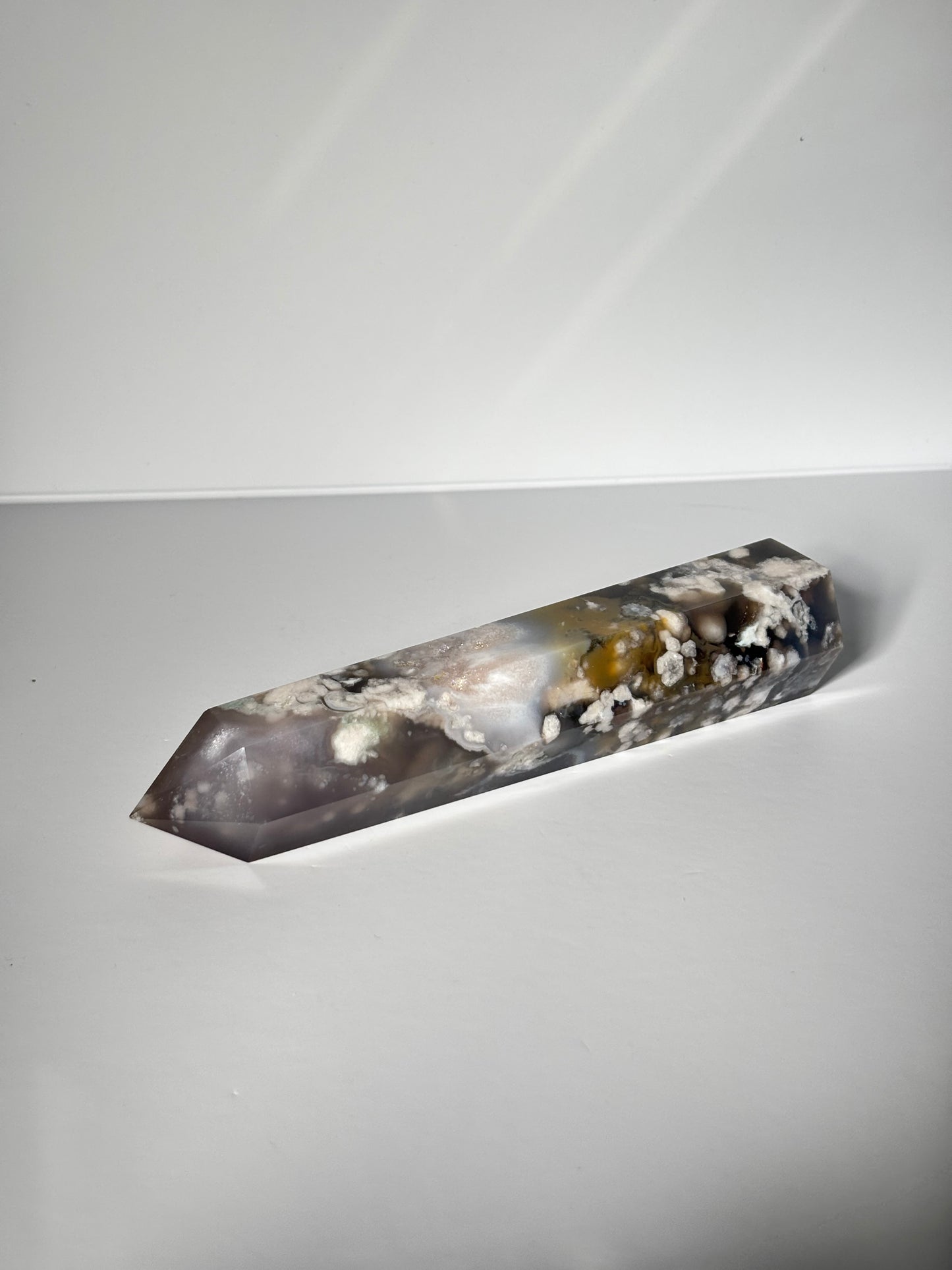 Large Black Flower Agate Tower With Pink Amethyst Inclusion, Madagascar