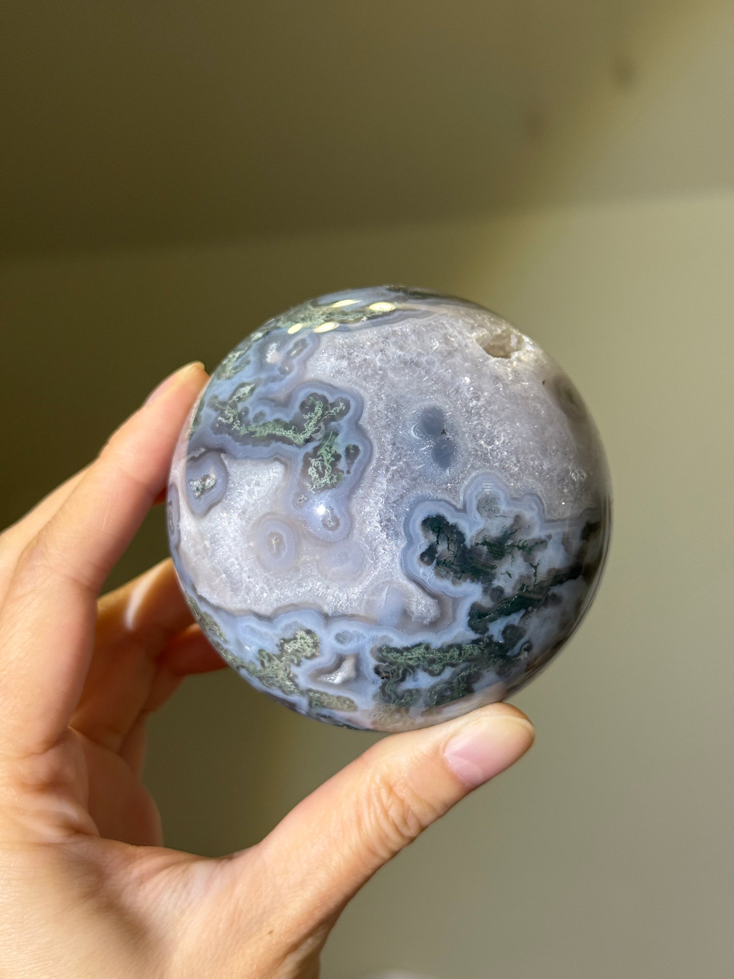 Large Moss Agate Sphere With Blue Chalcedony