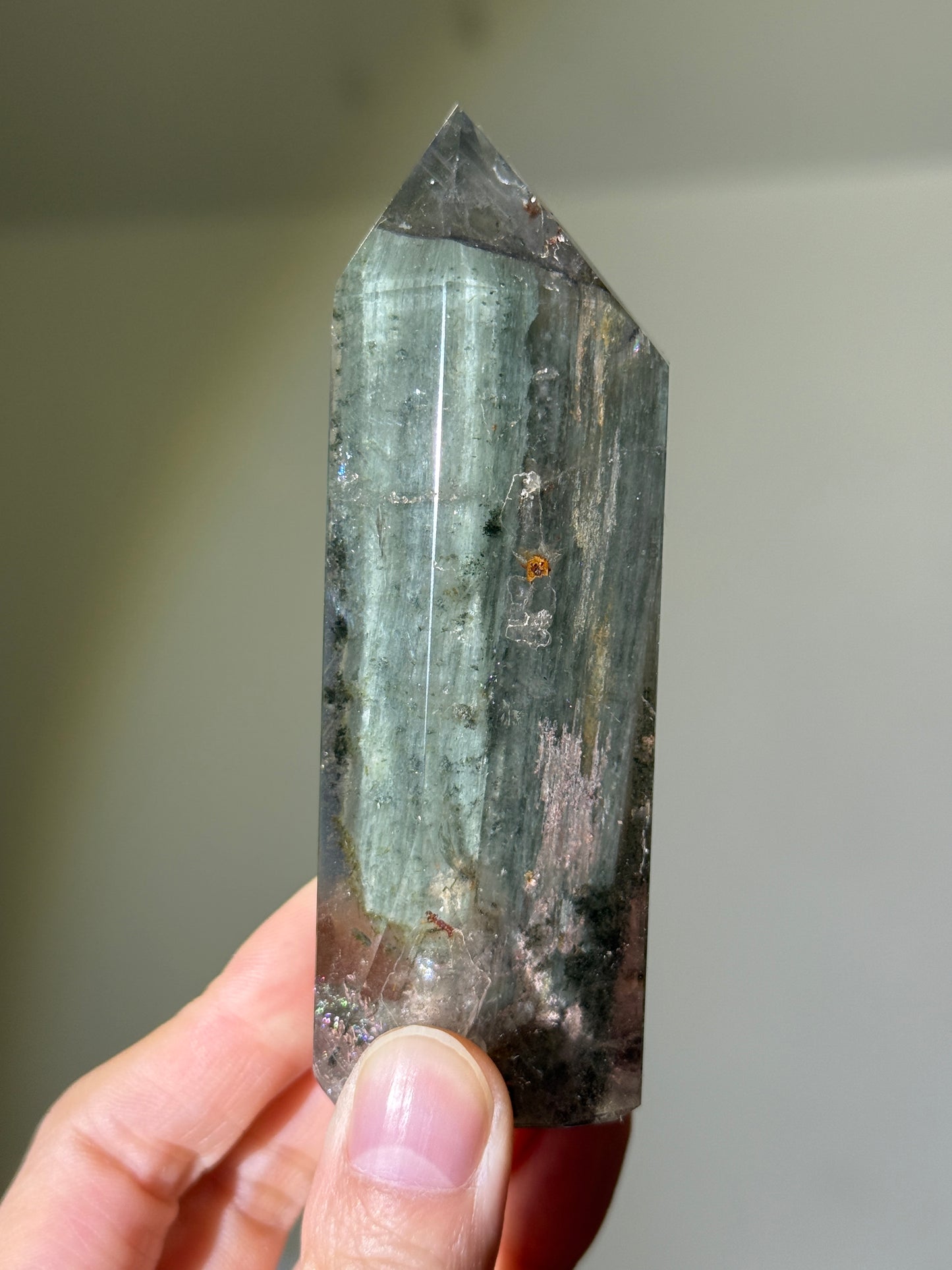 Large Green Garden Quartz Tower With Epidote & Shimmery Hematite, Zambia