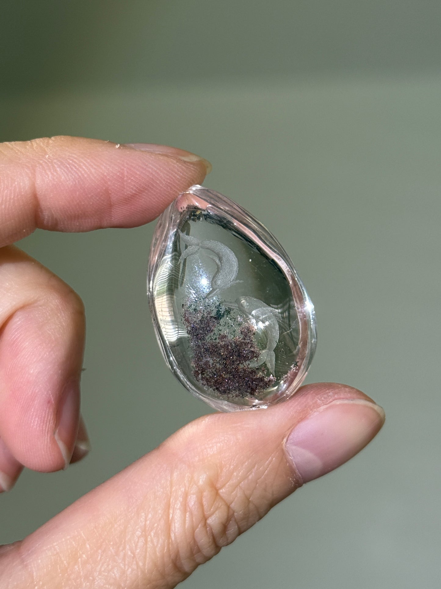 High Quality Water Clear Etched Garden Quartz Teardrop, Double Dolphins