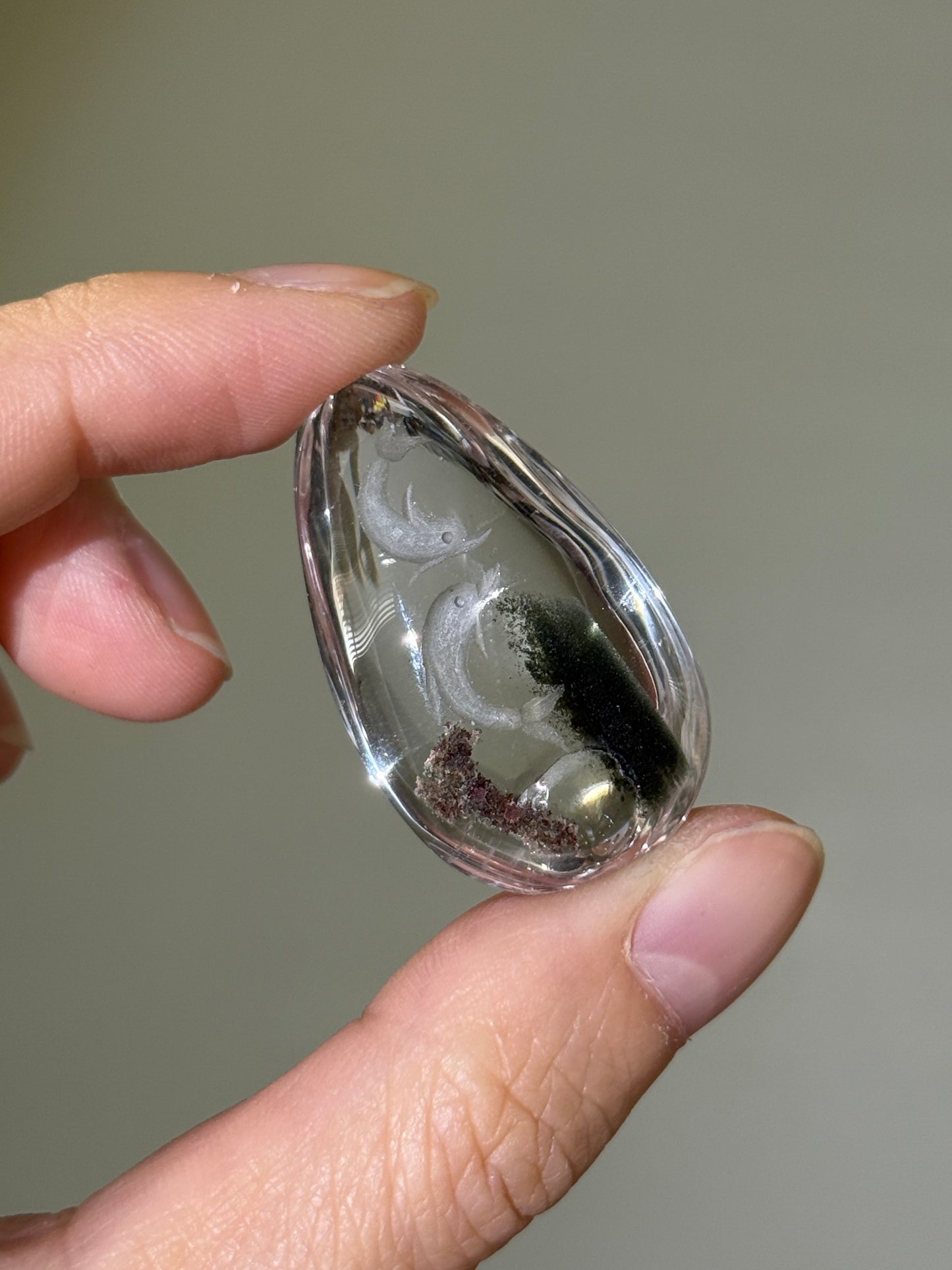 High Quality Water Clear Etched Garden Quartz Teardrop, Double Dolphins
