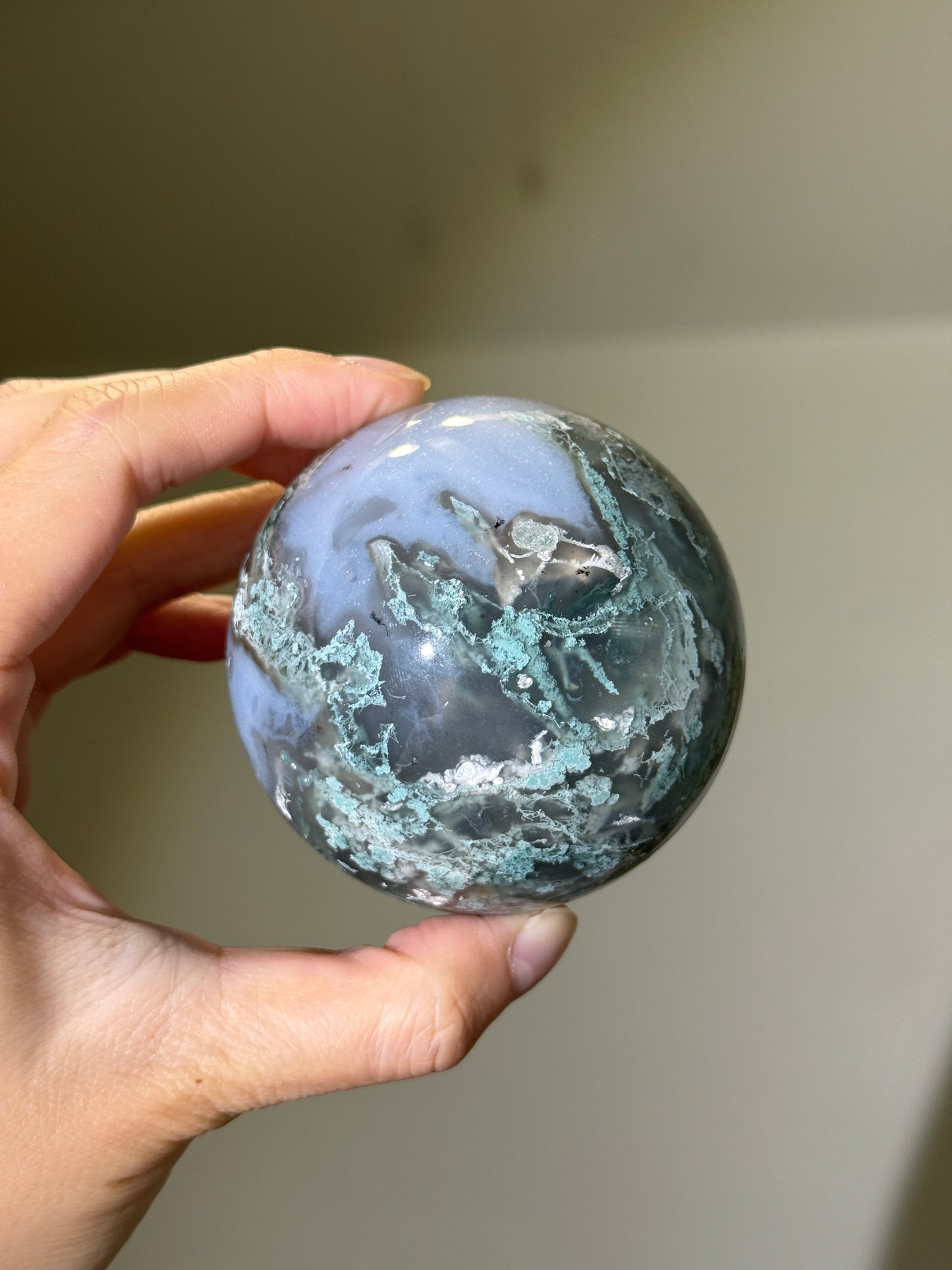 Large Moss Agate Sphere With Blue Chalcedony