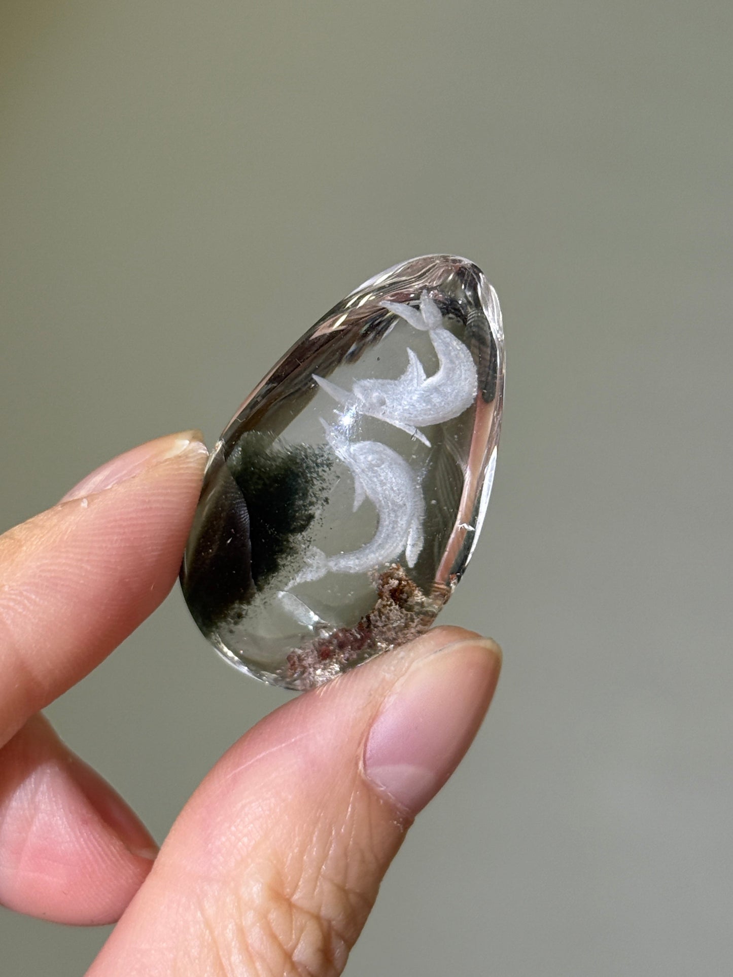 High Quality Water Clear Etched Garden Quartz Teardrop, Double Dolphins