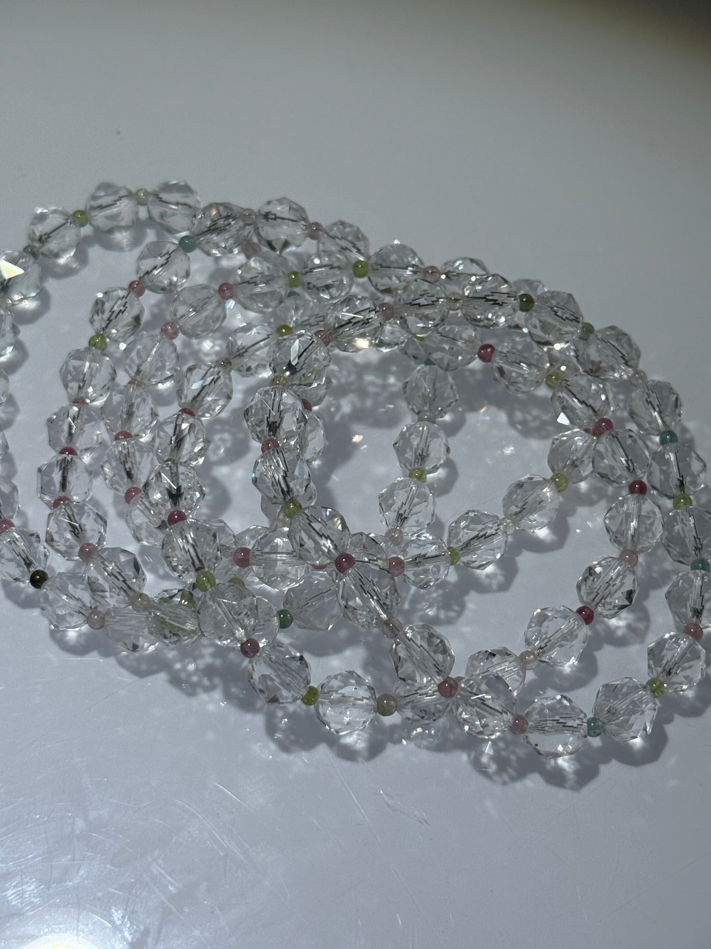 Faceted Clear Quartz Bracelets With Watermelon Tourmaline Beads, 8mm