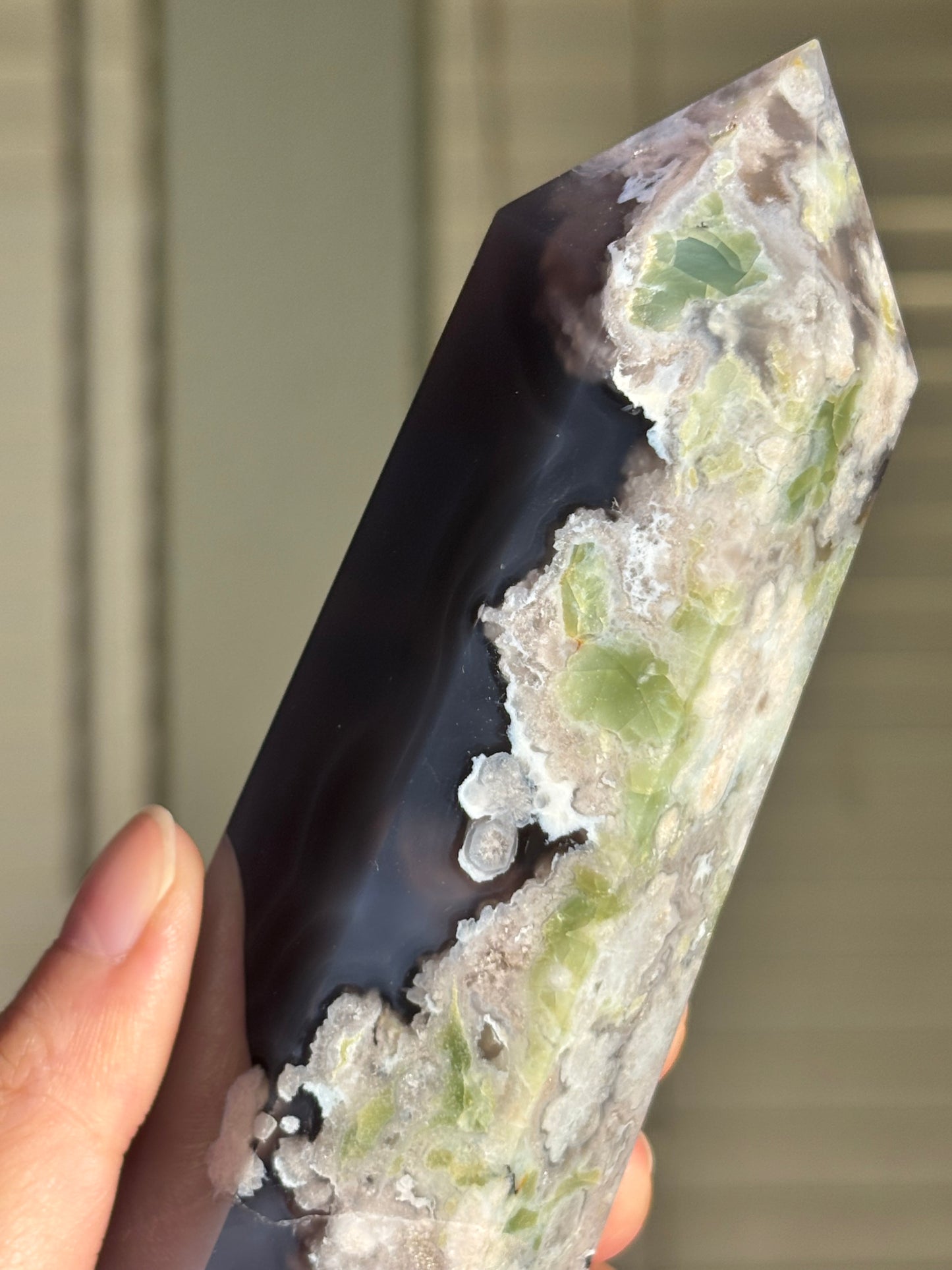 Statement Large Chunky Rare Black & Green Flower Agate Tower, Madagascar