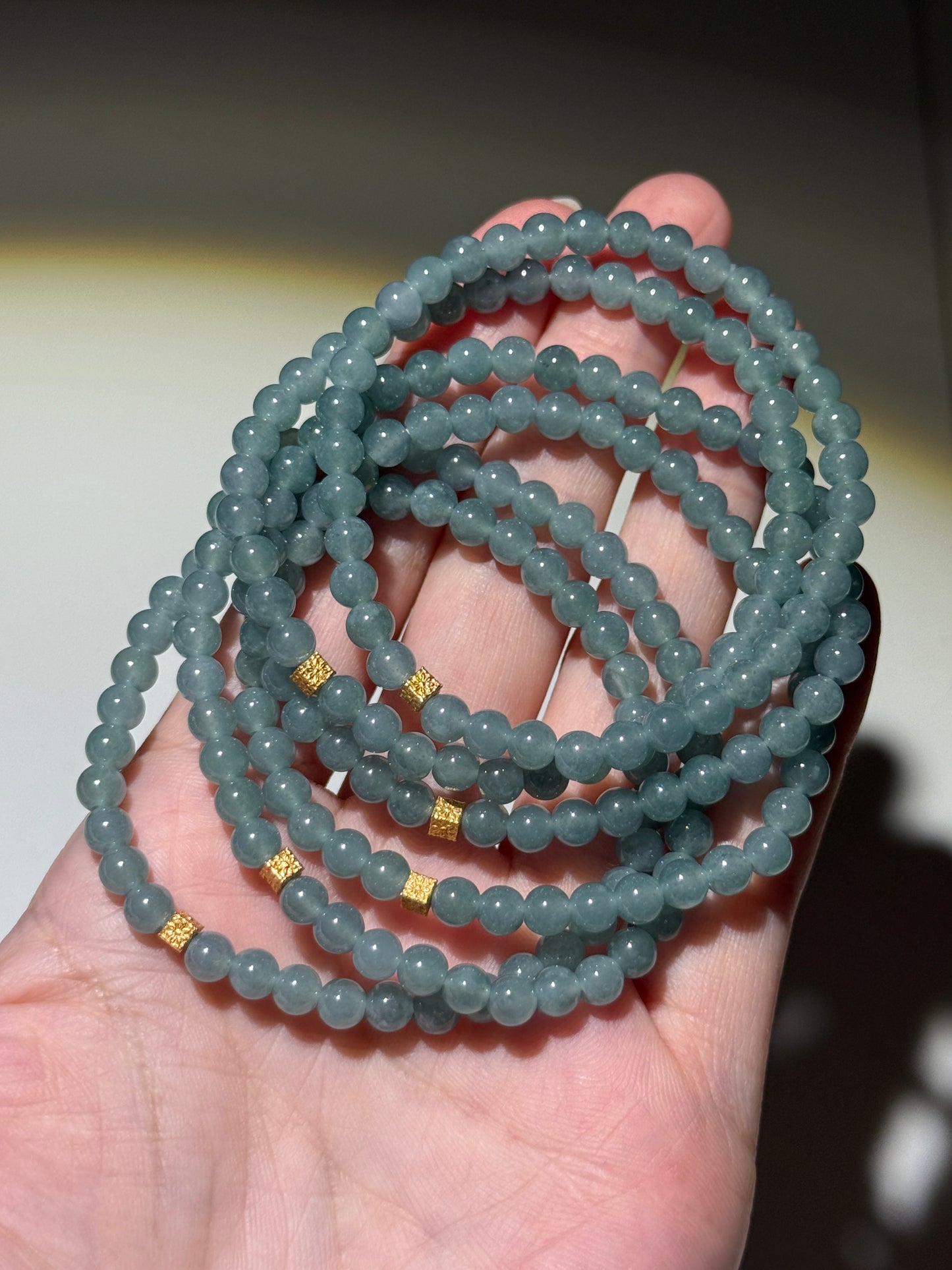 Blue Water Jade Bracelets With Golden Accent Beads, 5mm