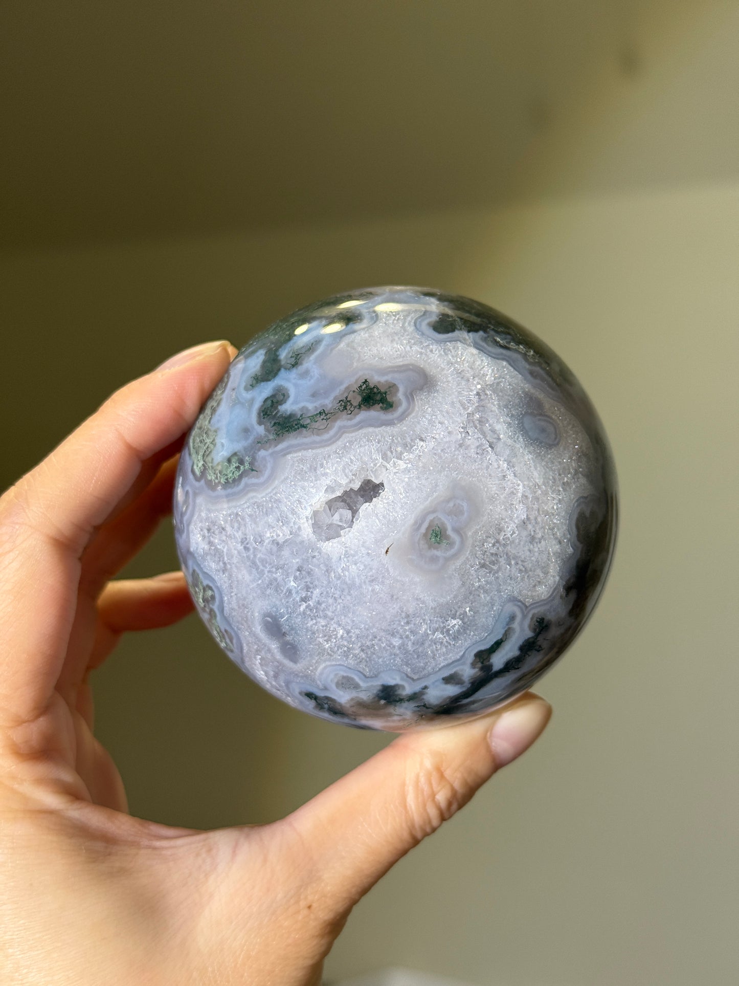 Large Moss Agate Sphere With Blue Chalcedony