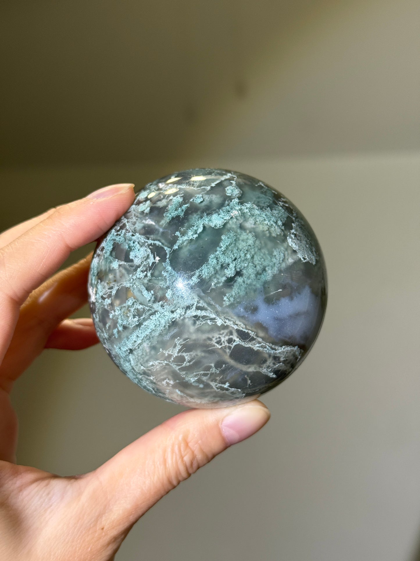 Large Moss Agate Sphere With Blue Chalcedony