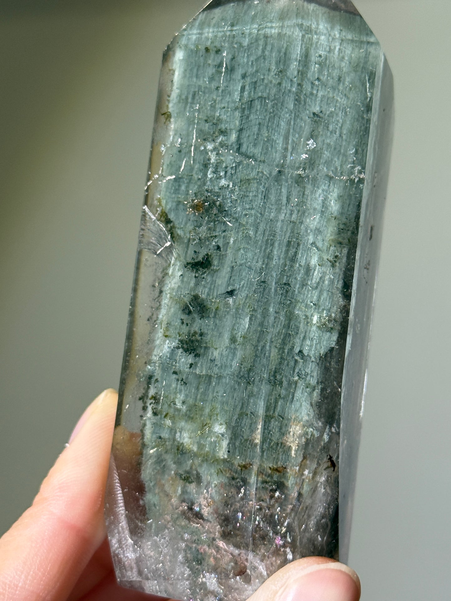 Large Green Garden Quartz Tower With Epidote & Shimmery Hematite, Zambia