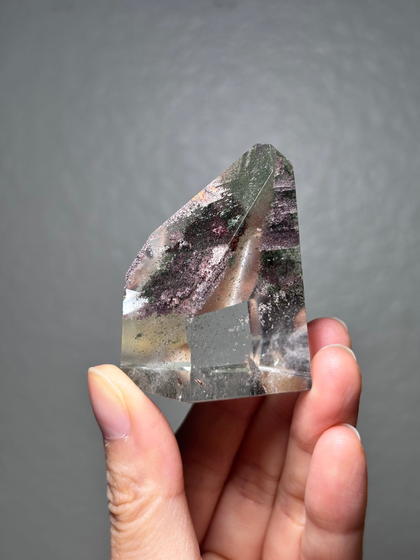 High Quality Water Clear Green Phantom Chlorite & Purple Lodalite Tower, Brazil