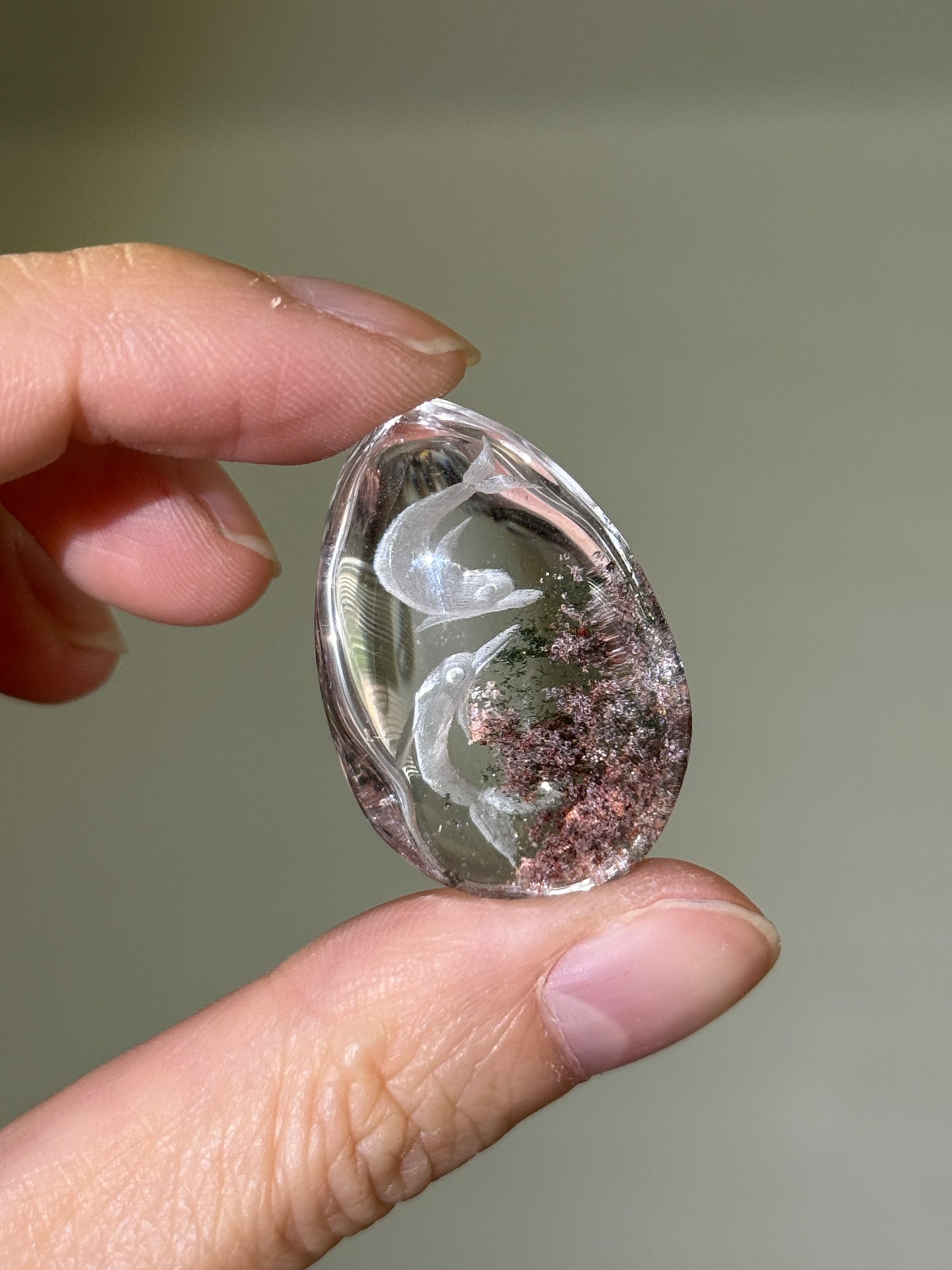High Quality Water Clear Etched Garden Quartz Teardrop, Double Dolphins