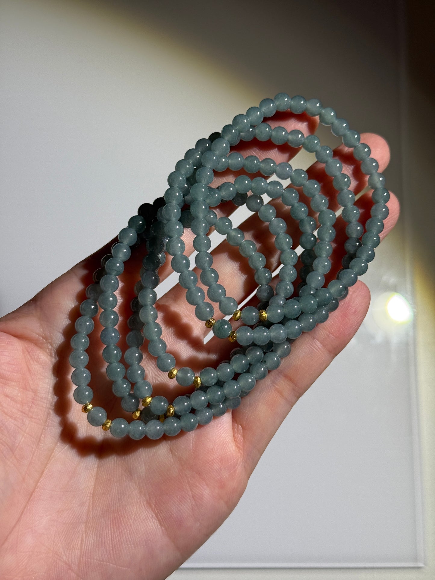 Blue Water Jade Bracelets With Golden Accent Beads, 5mm