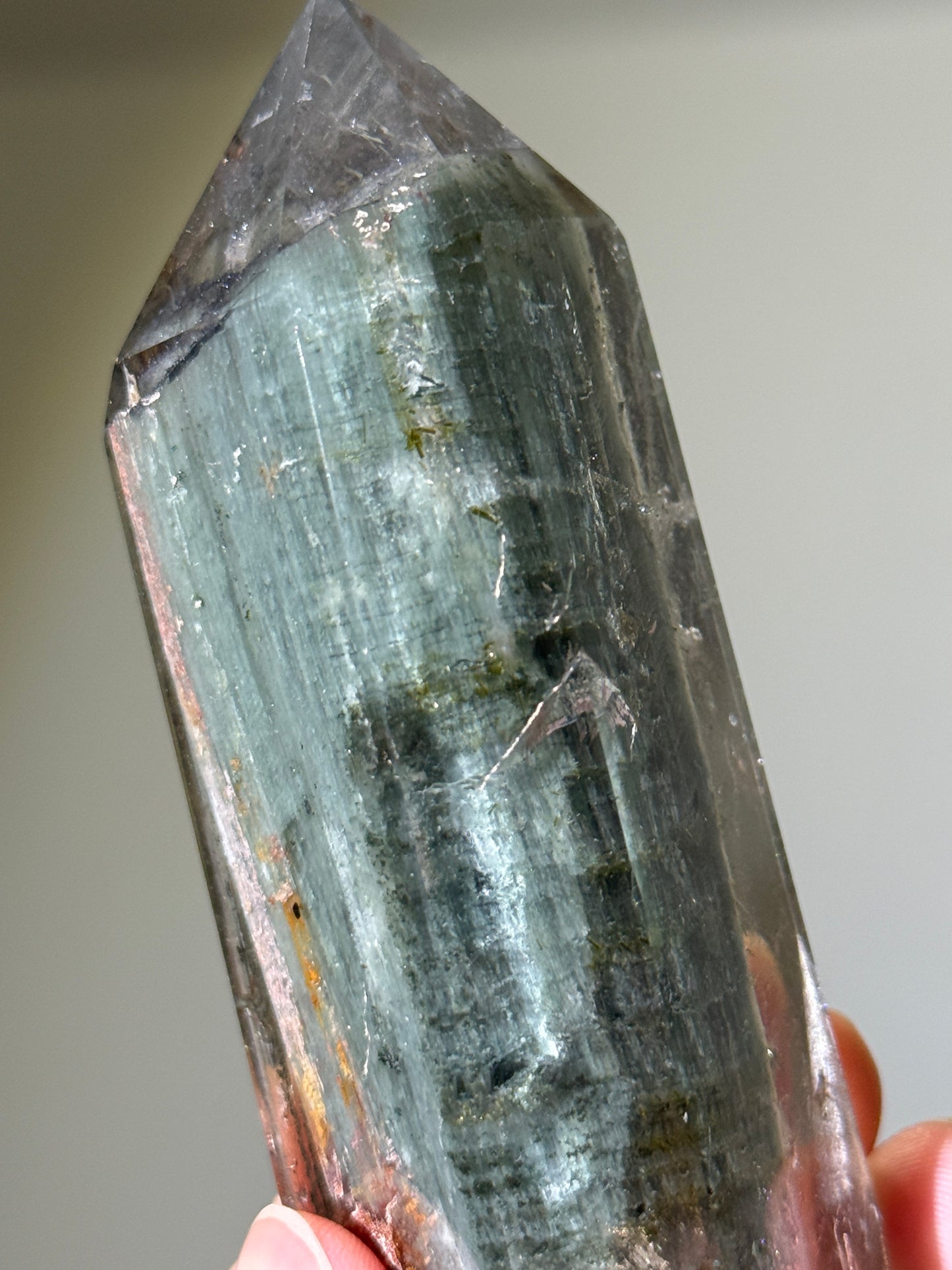 Large Green Garden Quartz Tower With Epidote & Shimmery Hematite, Zambia