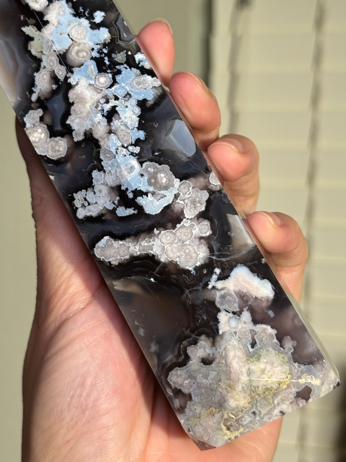 Statement Black & Baby Blue Flower Agate Tower, Madagascar