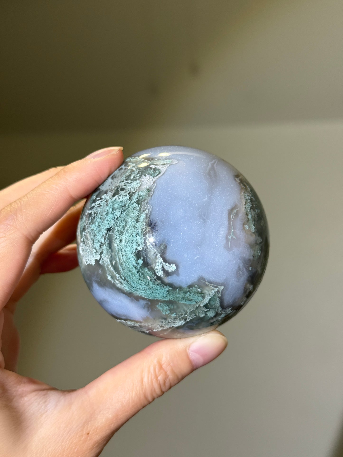 Large Moss Agate Sphere With Blue Chalcedony