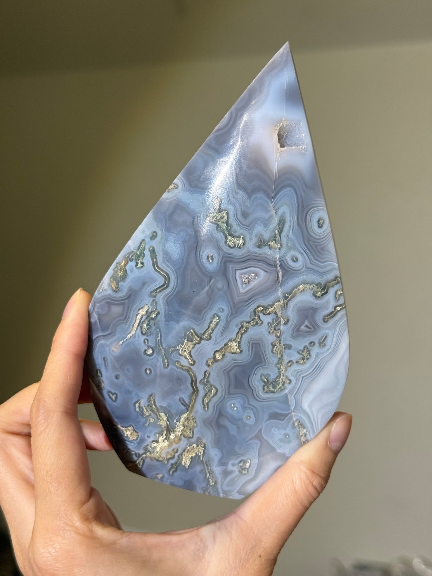 Large Gorgeous Blue Moss Agate Flame