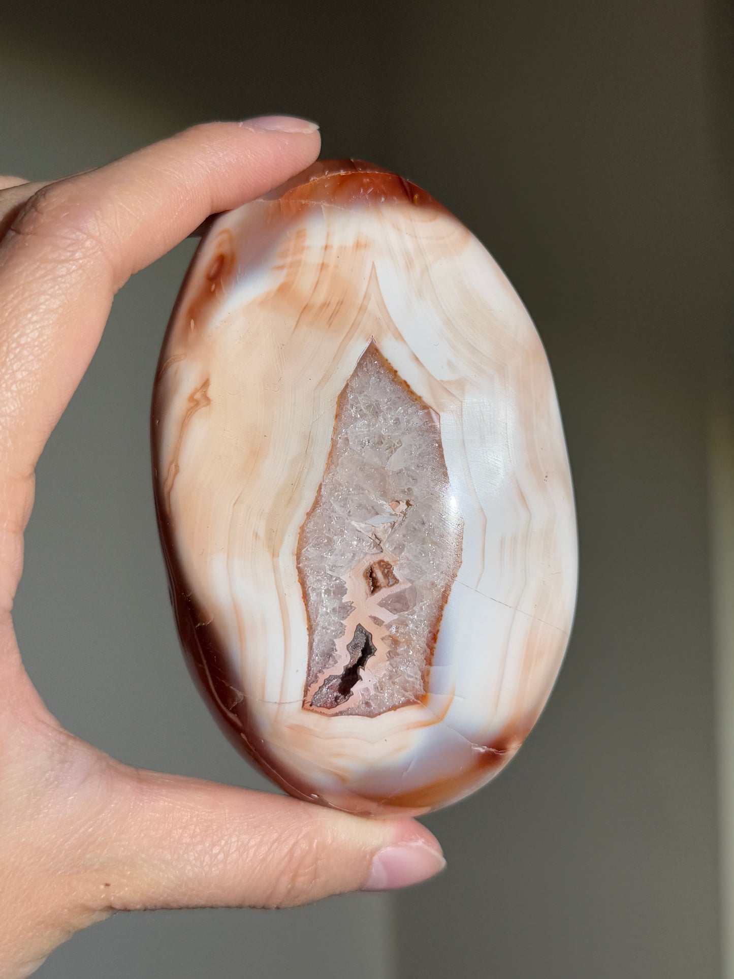 Huge Druzy Carnelian x Orca Agate Palm Stone, Madagascar