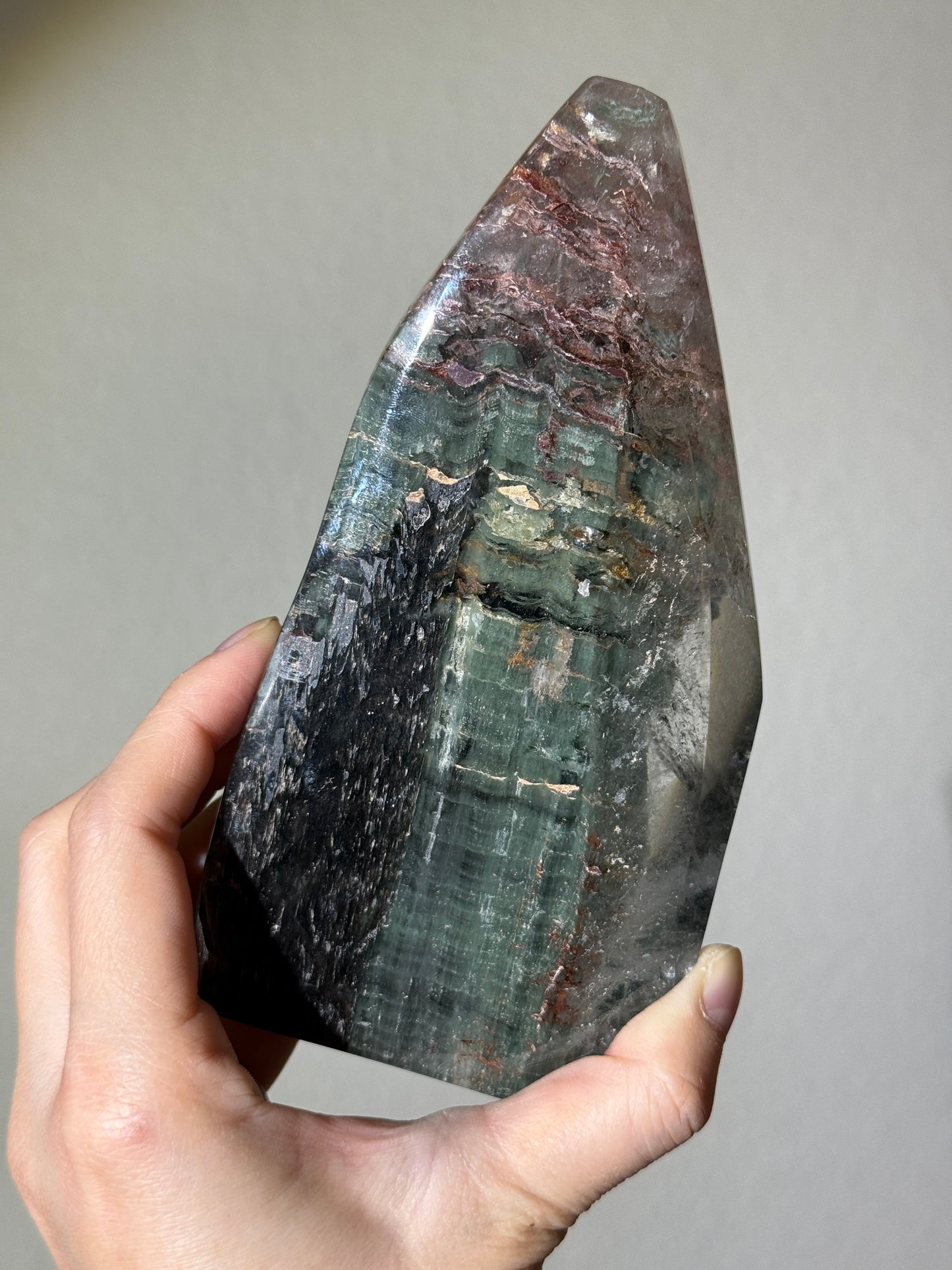 Statement Garden Quartz Freeform With Black Amphibole, Zambia
