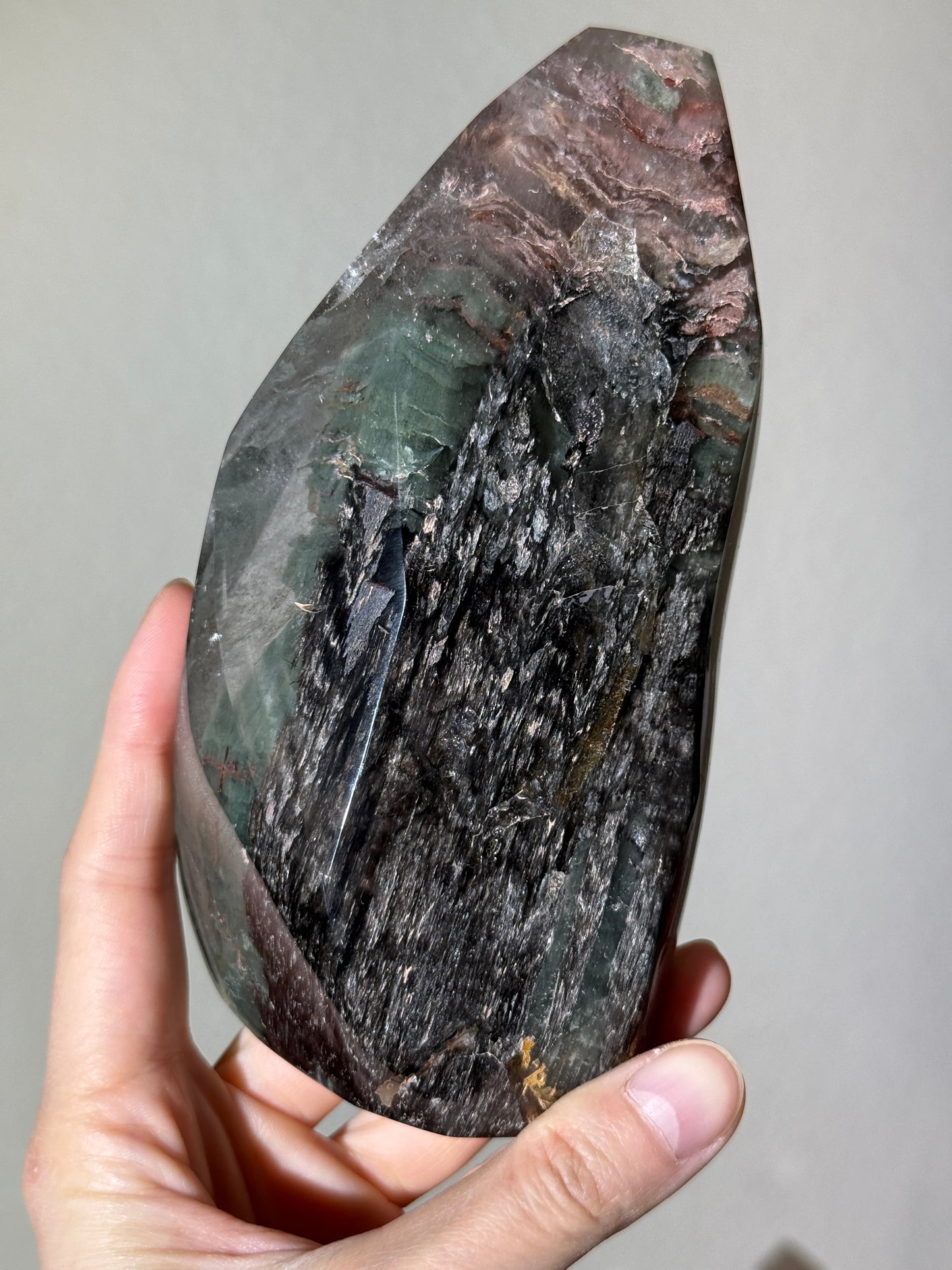 Statement Garden Quartz Freeform With Black Amphibole, Zambia