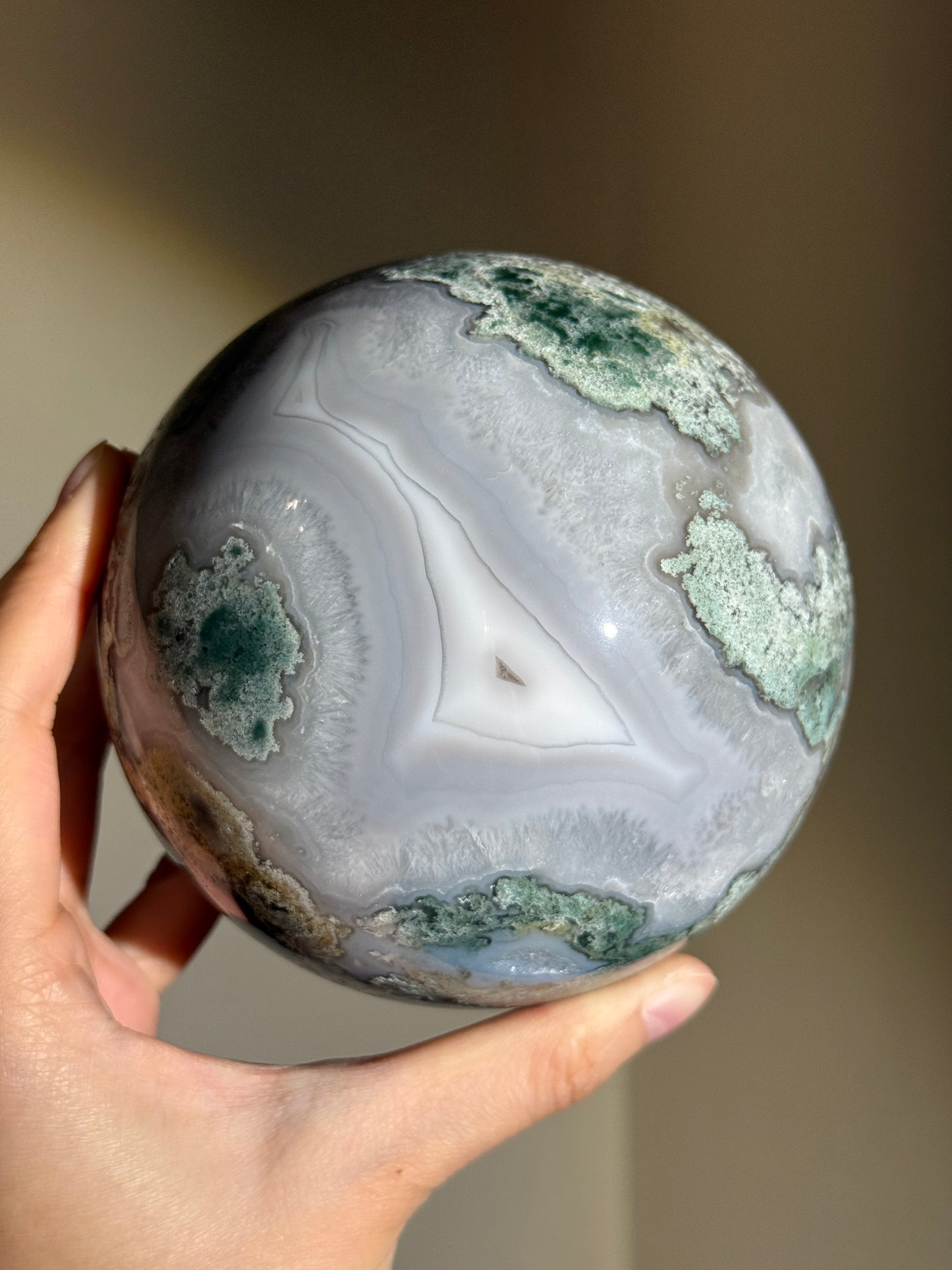 Statement Quartzy Moss Agate Sphere With Banding, India