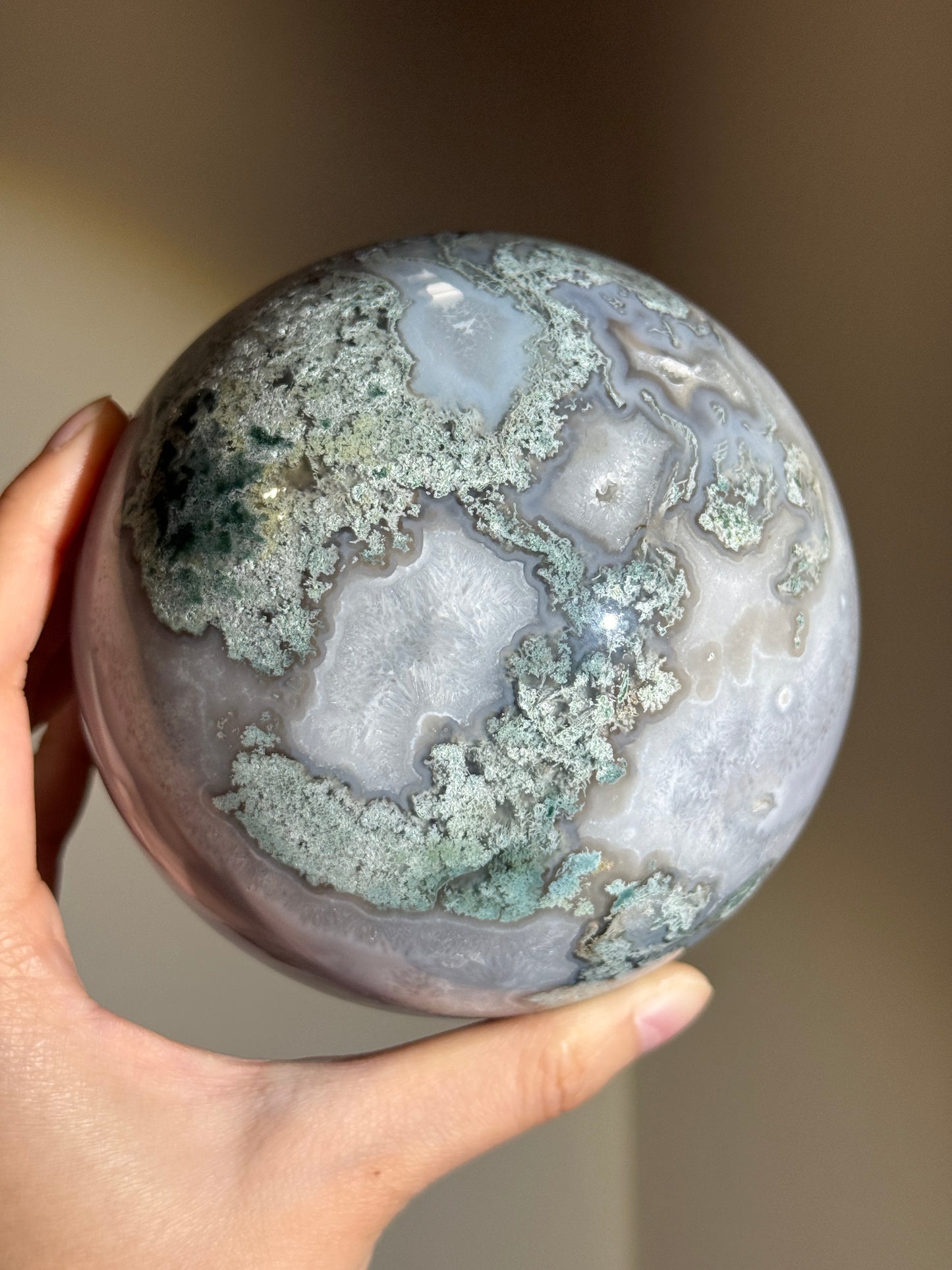Statement Quartzy Moss Agate Sphere With Banding, India