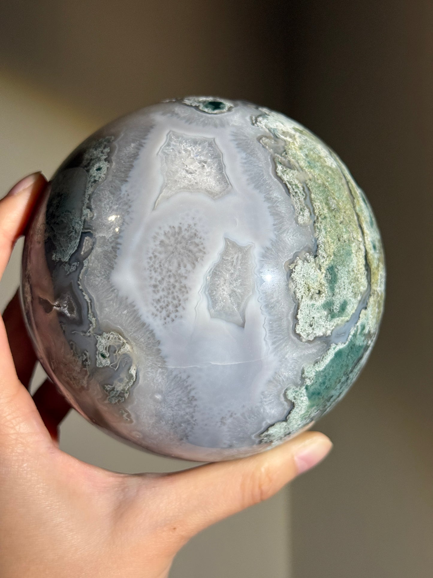 Statement Quartzy Moss Agate Sphere With Banding, India