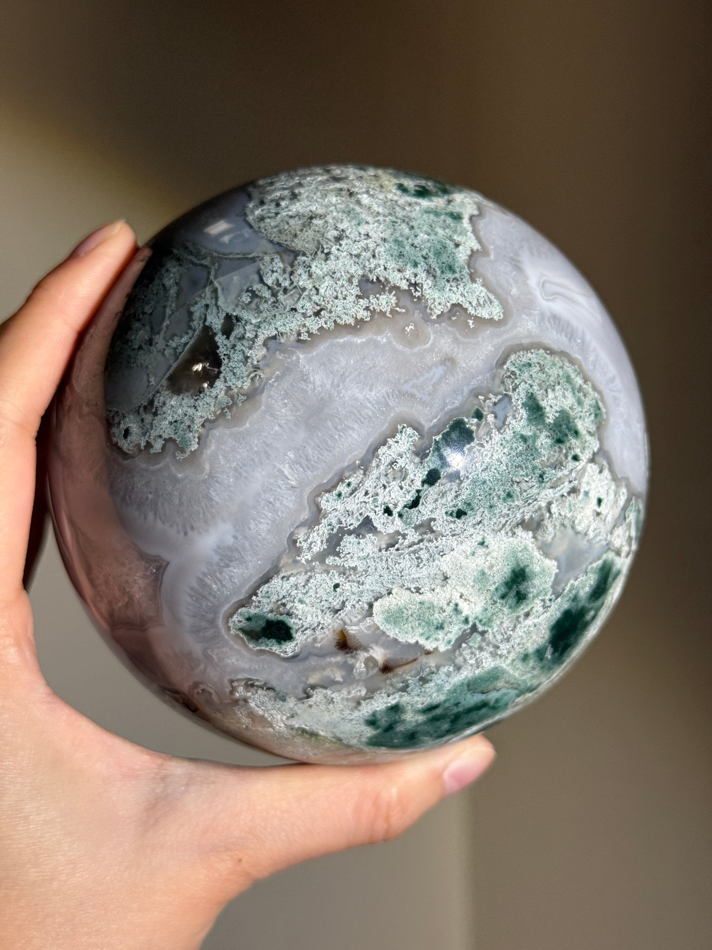 Statement Quartzy Moss Agate Sphere With Banding, India