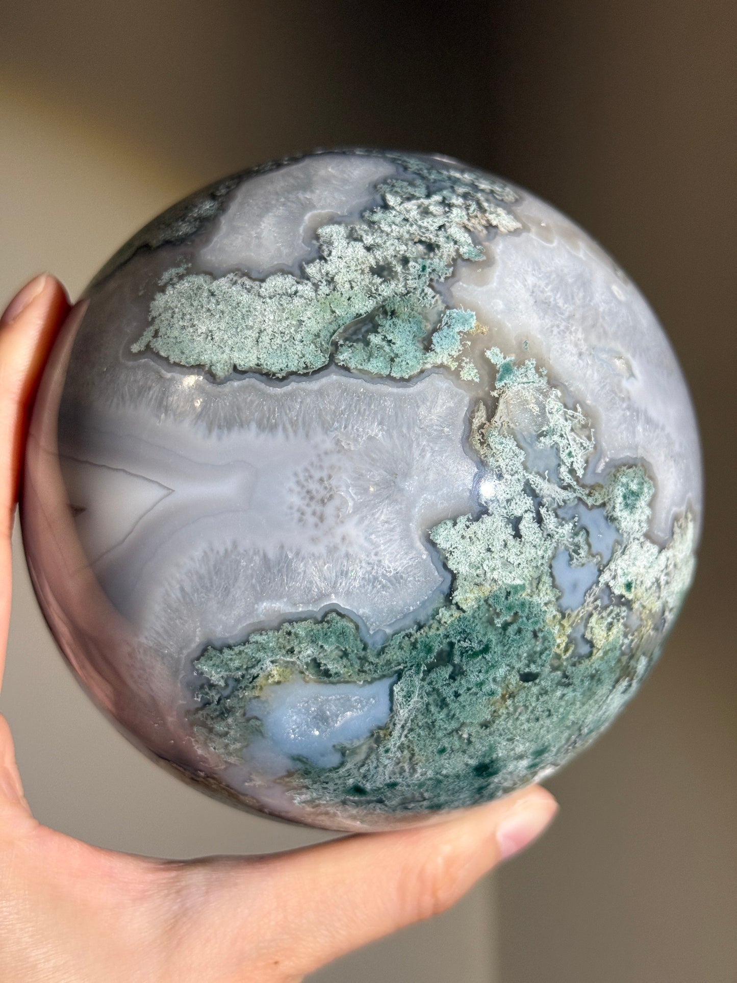 Statement Quartzy Moss Agate Sphere With Banding, India