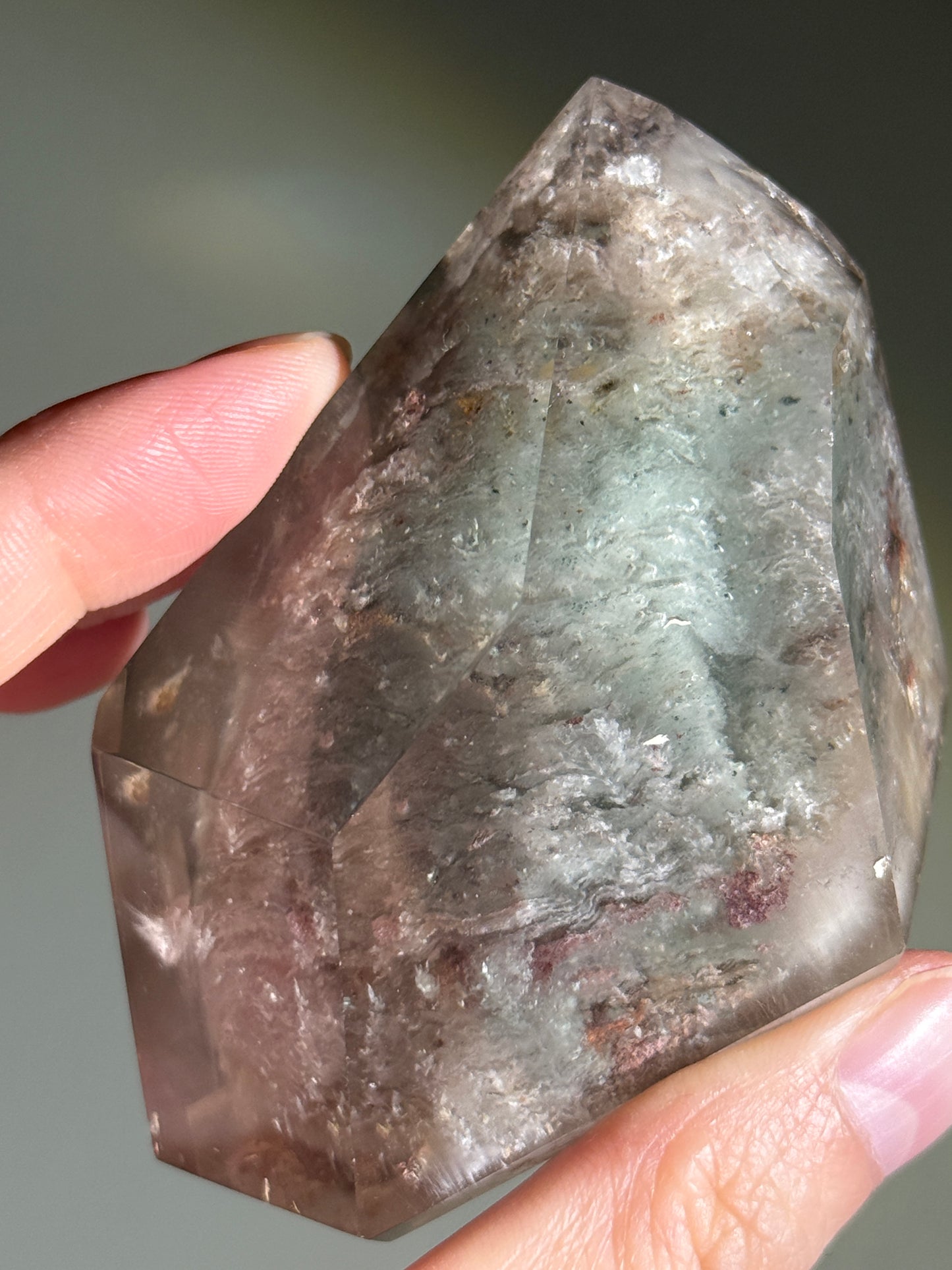 Large Dreamy Sage Green Layered Lodalite x Amphibole In Quartz Freeform, Brazil