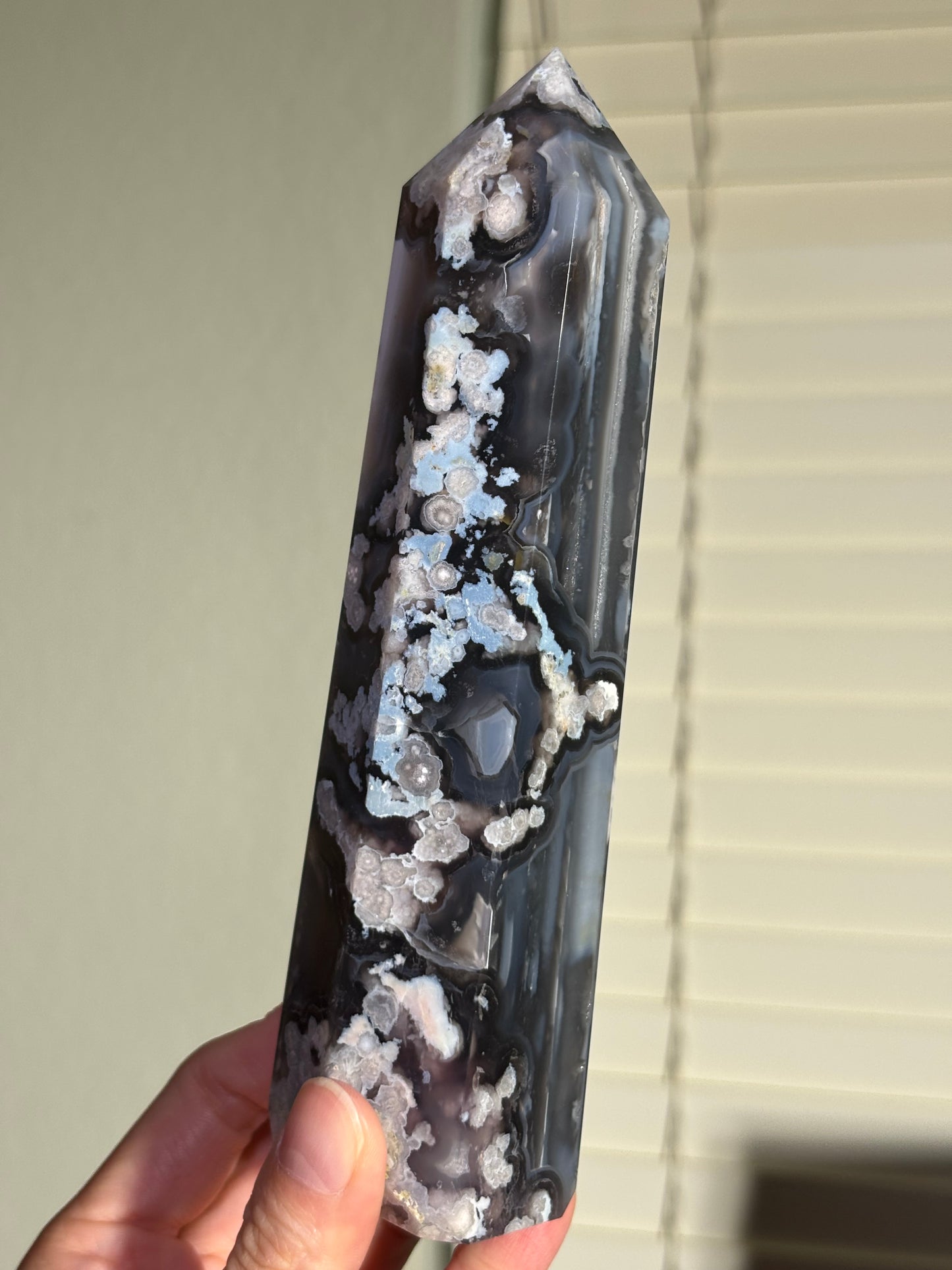 Statement Black & Baby Blue Flower Agate Tower, Madagascar