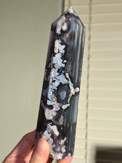 Statement Black & Baby Blue Flower Agate Tower, Madagascar