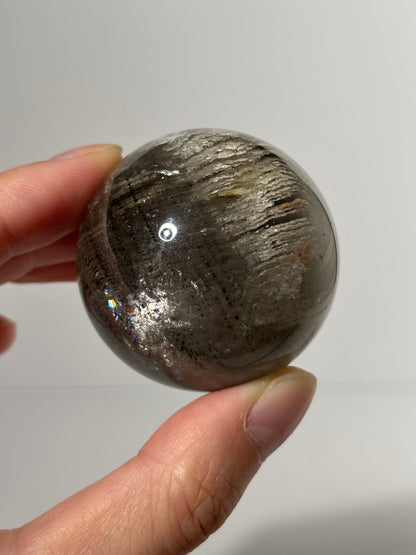 Unique Spooky White Layered Lodalite With Black Rutile Sphere, Brazil