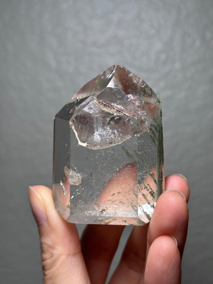 High Quality Water Clear Green Chlorite x Penetrator Quartz Tower, Brazil