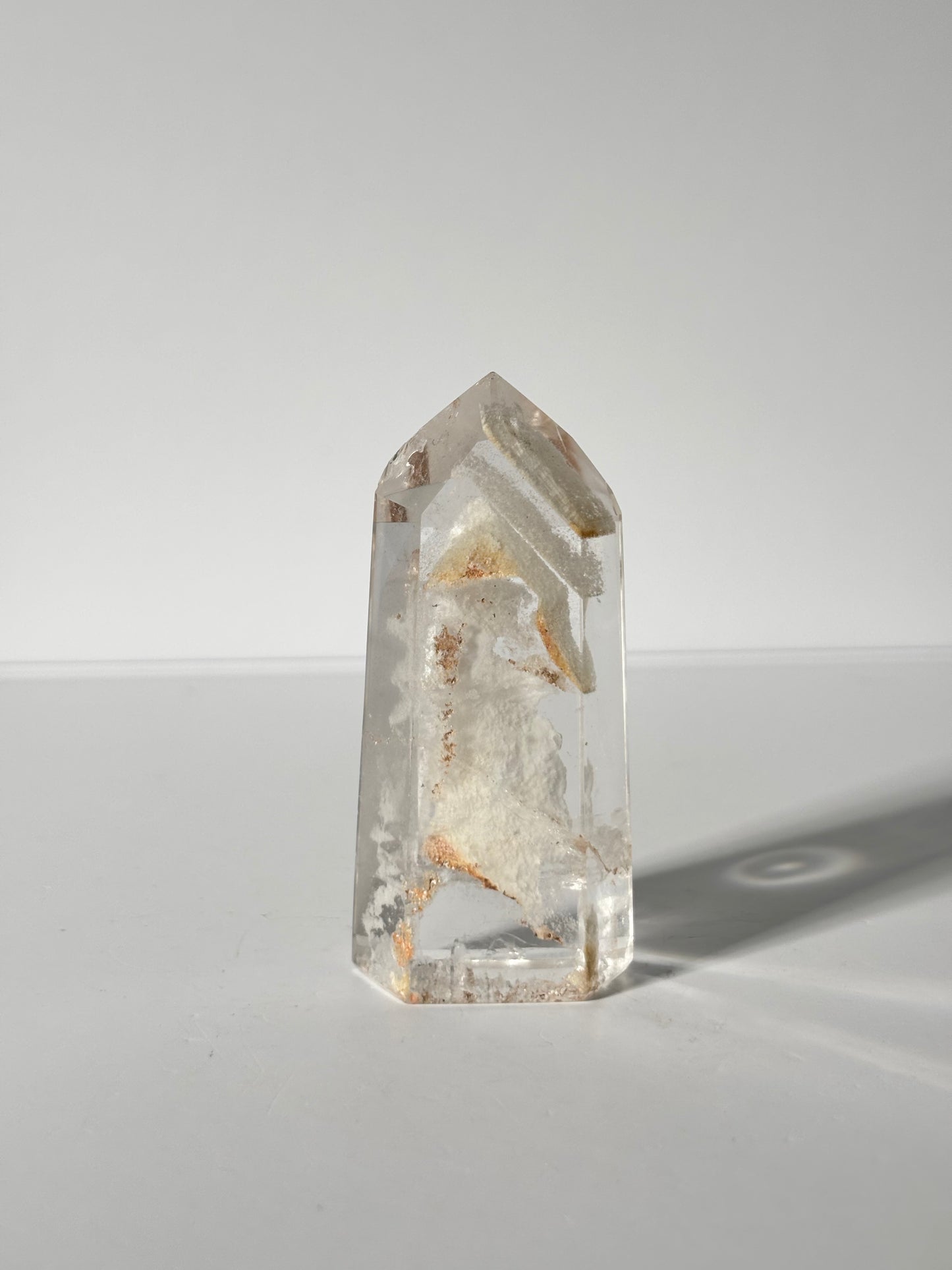 Rare Water Clear White Layered Phantom Lodalite Quartz Tower With Manifestation Quartz, Brazil