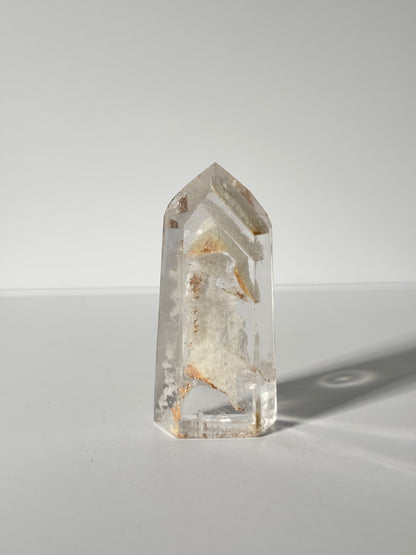 Rare Water Clear White Layered Phantom Lodalite Quartz Tower With Manifestation Quartz, Brazil