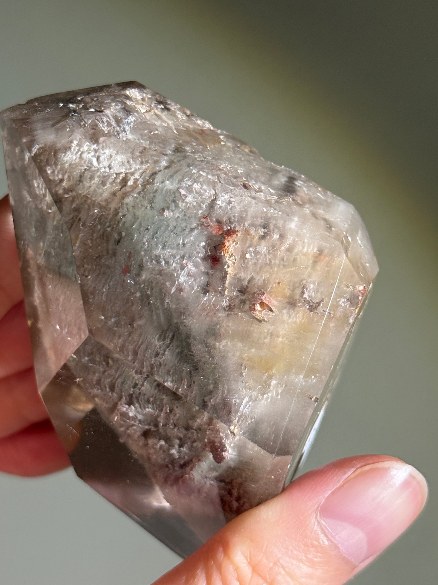 Large Dreamy Sage Green Layered Lodalite x Amphibole In Quartz Freeform, Brazil